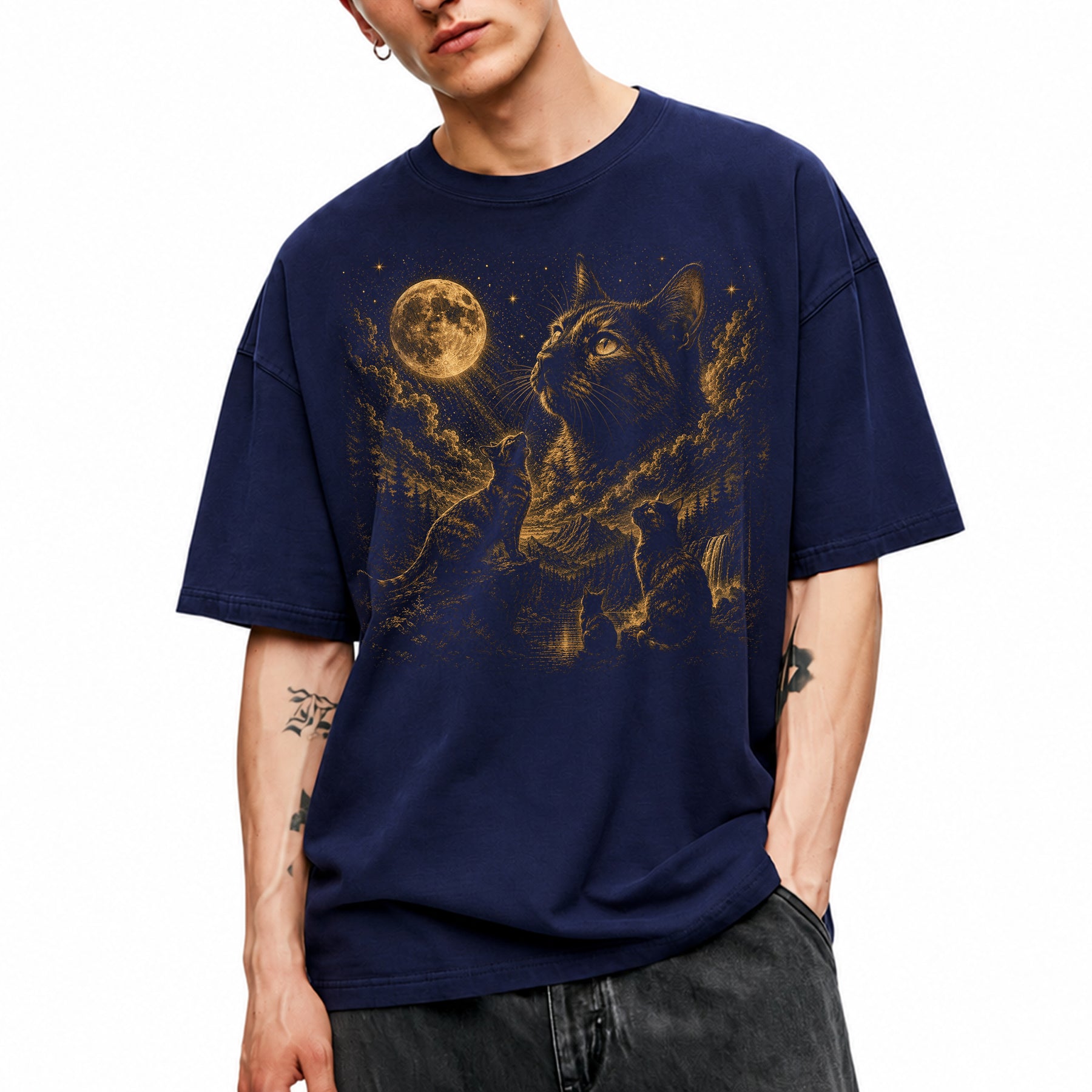 SF_COLOR=navy; SF_ITEM=adult-t-shirt; SF_ROLE=main; Three Cats Howling At Full Moon T-Shirt Vintage Etching Nature Night Sky Apparel - Navy Adult T-Shirt product image