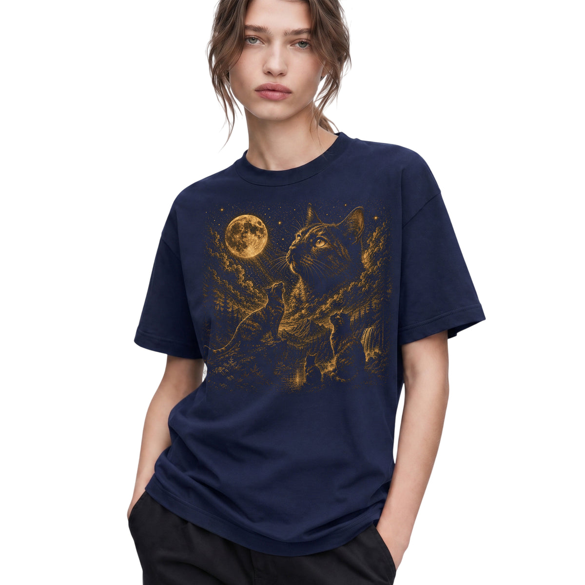 SF_COLOR=navy; SF_ITEM=adult-t-shirt; SF_ROLE=gallery; Three Cats Howling At Full Moon T-Shirt Vintage Etching Nature Night Sky Apparel - Navy Adult T-Shirt product image