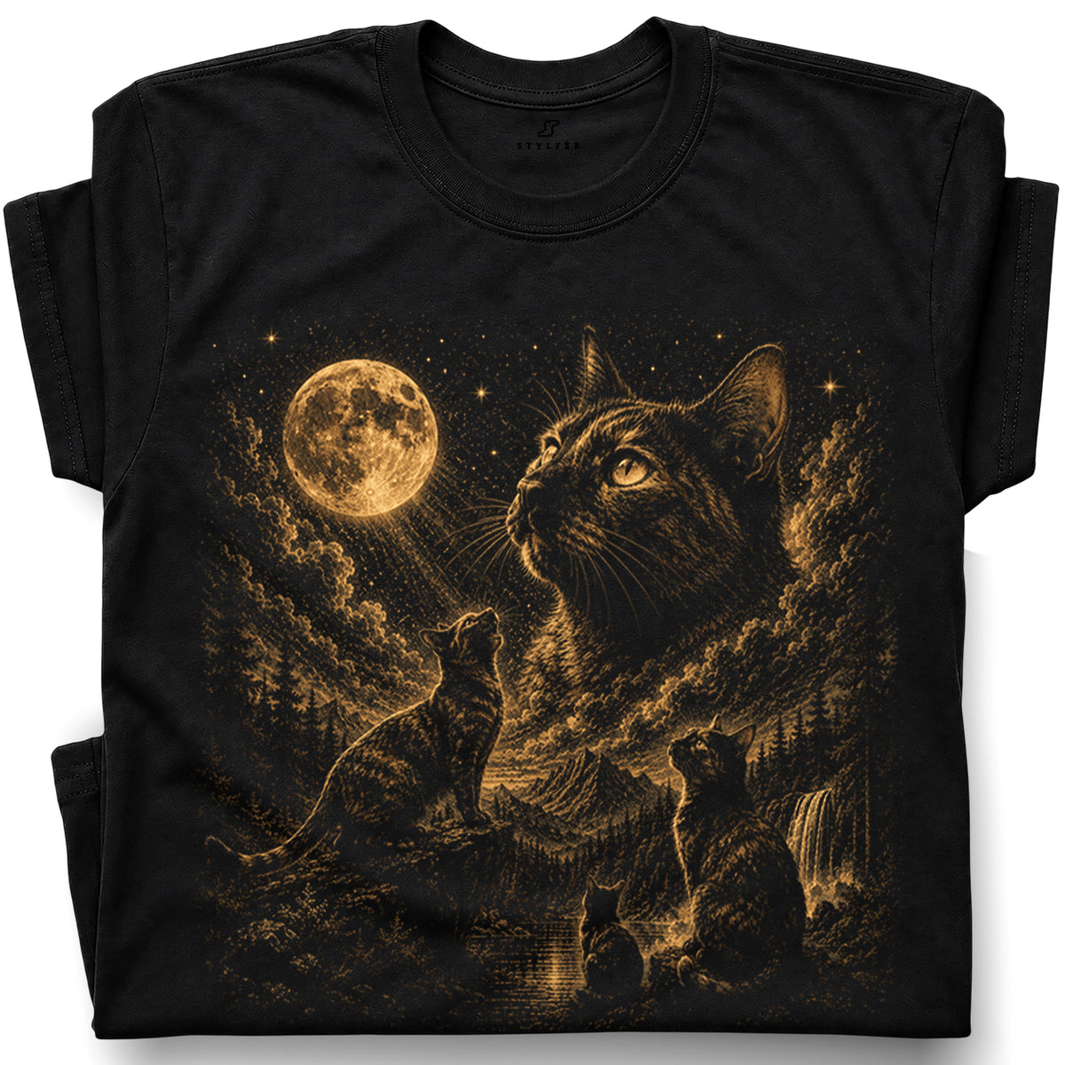 SF_COLOR=black; SF_ITEM=adult-t-shirt; SF_ROLE=gallery; Three Cats Howling At Full Moon T-Shirt Vintage Etching Nature Night Sky Apparel - Black Adult T-Shirt product image