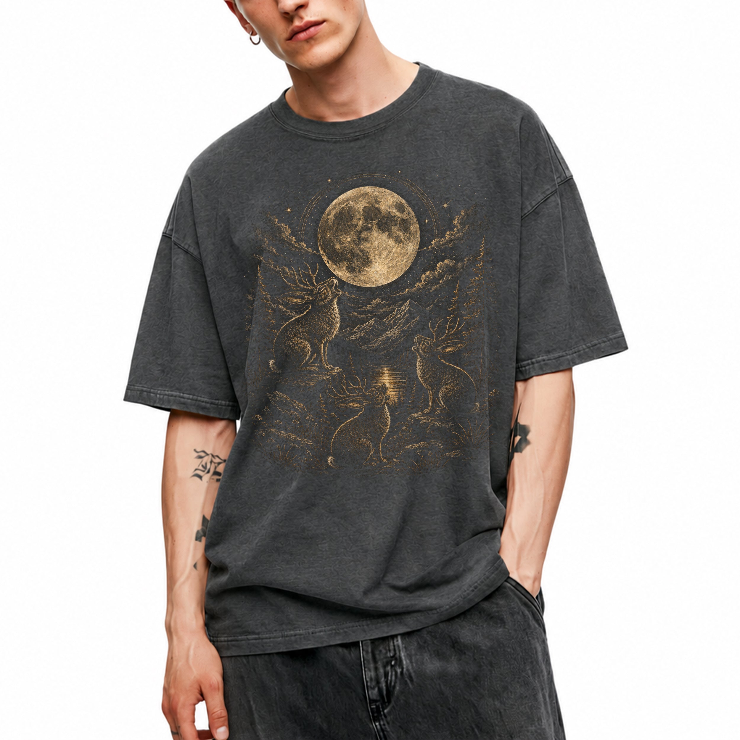 SF_COLOR=dark-heather; SF_ITEM=adult-t-shirt; SF_ROLE=main; Three Jackalopes Full Moon T-Shirt Vintage Mythical Animal Forest Night Apparel - Dark Heather Adult T-Shirt product image