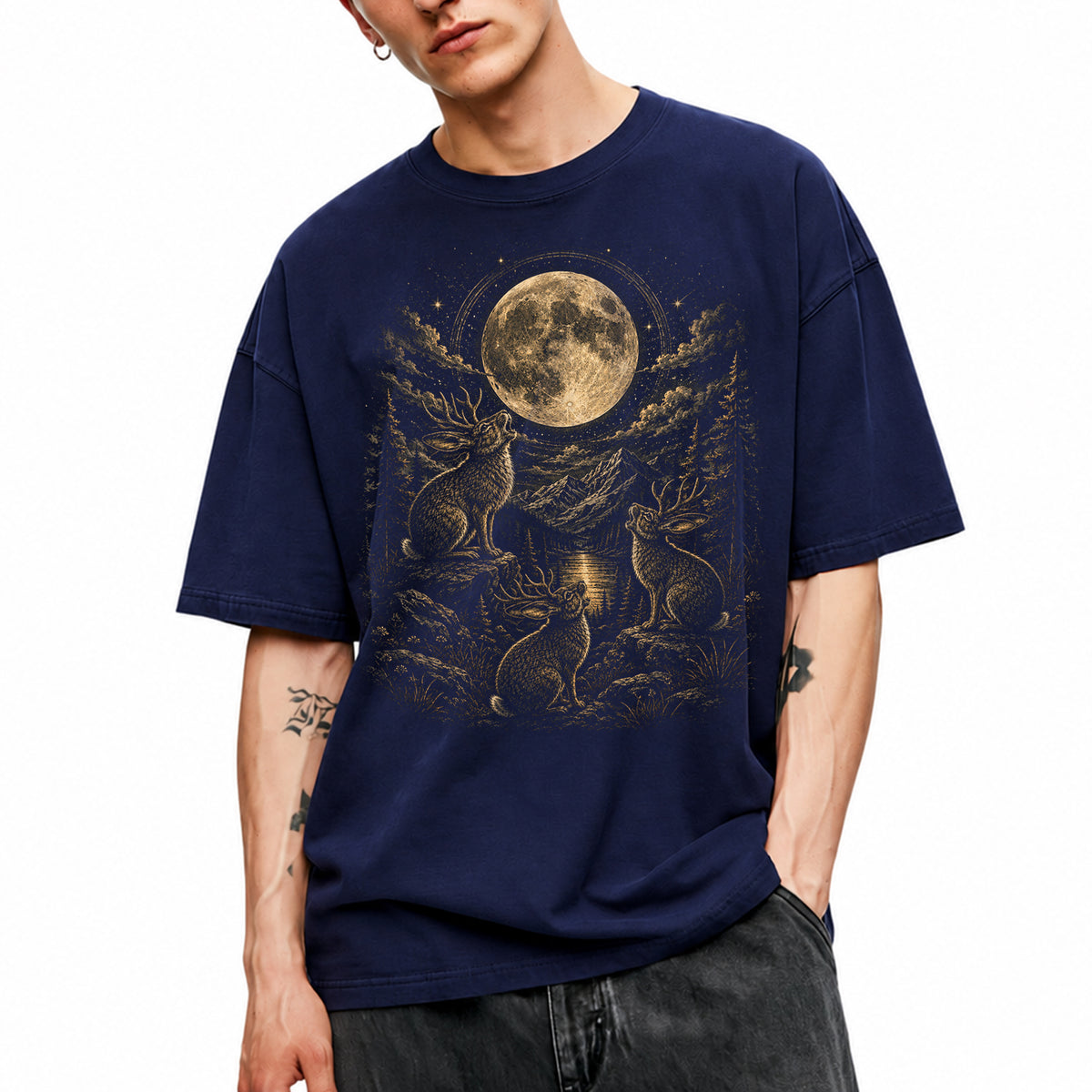SF_COLOR=navy; SF_ITEM=adult-t-shirt; SF_ROLE=main; Three Jackalopes Full Moon T-Shirt Vintage Mythical Animal Forest Night Apparel - Navy Adult T-Shirt product image