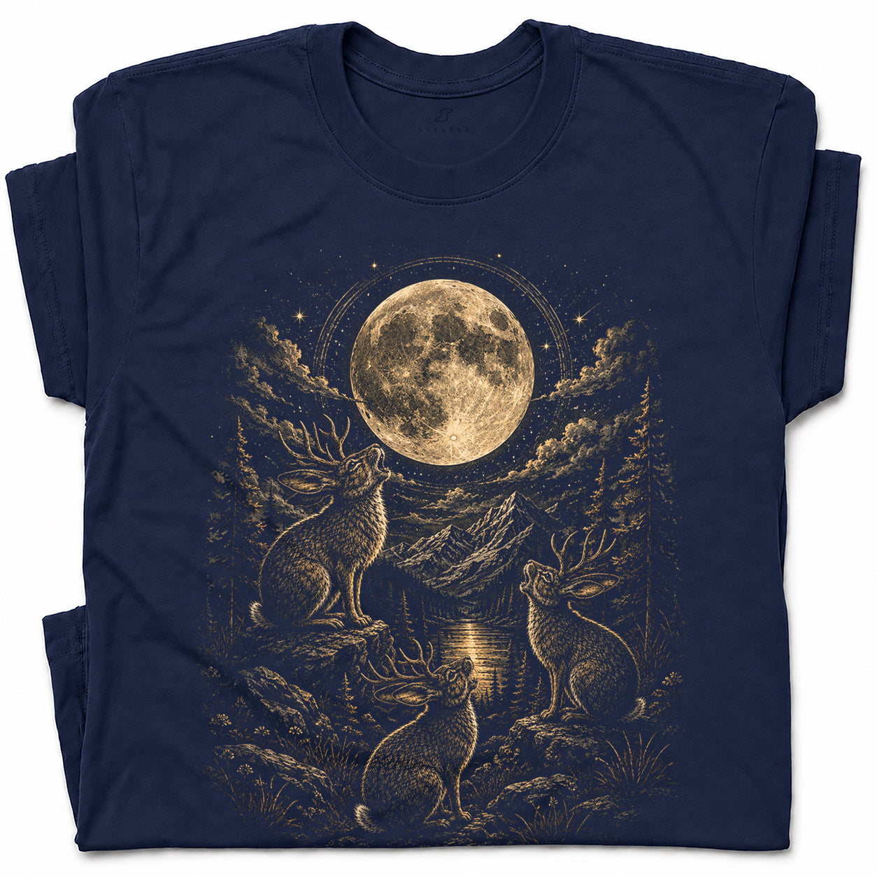 SF_COLOR=navy; SF_ITEM=adult-t-shirt; SF_ROLE=gallery; Three Jackalopes Full Moon T-Shirt Vintage Mythical Animal Forest Night Apparel - Navy Adult T-Shirt product image