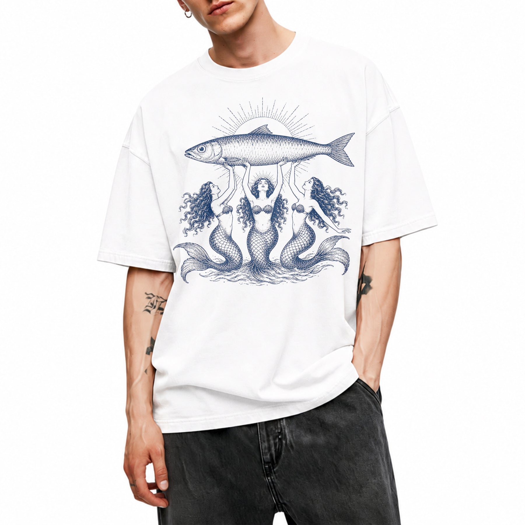 SF_COLOR=white; SF_ITEM=adult-t-shirt; SF_ROLE=main; Three Mermaids Holding Fish T-Shirt Vintage Ocean Mythology Tee - White Adult T-Shirt product image