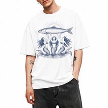 SF_COLOR=white; SF_ITEM=adult-t-shirt; SF_ROLE=main; Three Mermaids Holding Fish T-Shirt Vintage Ocean Mythology Tee - White Adult T-Shirt product image