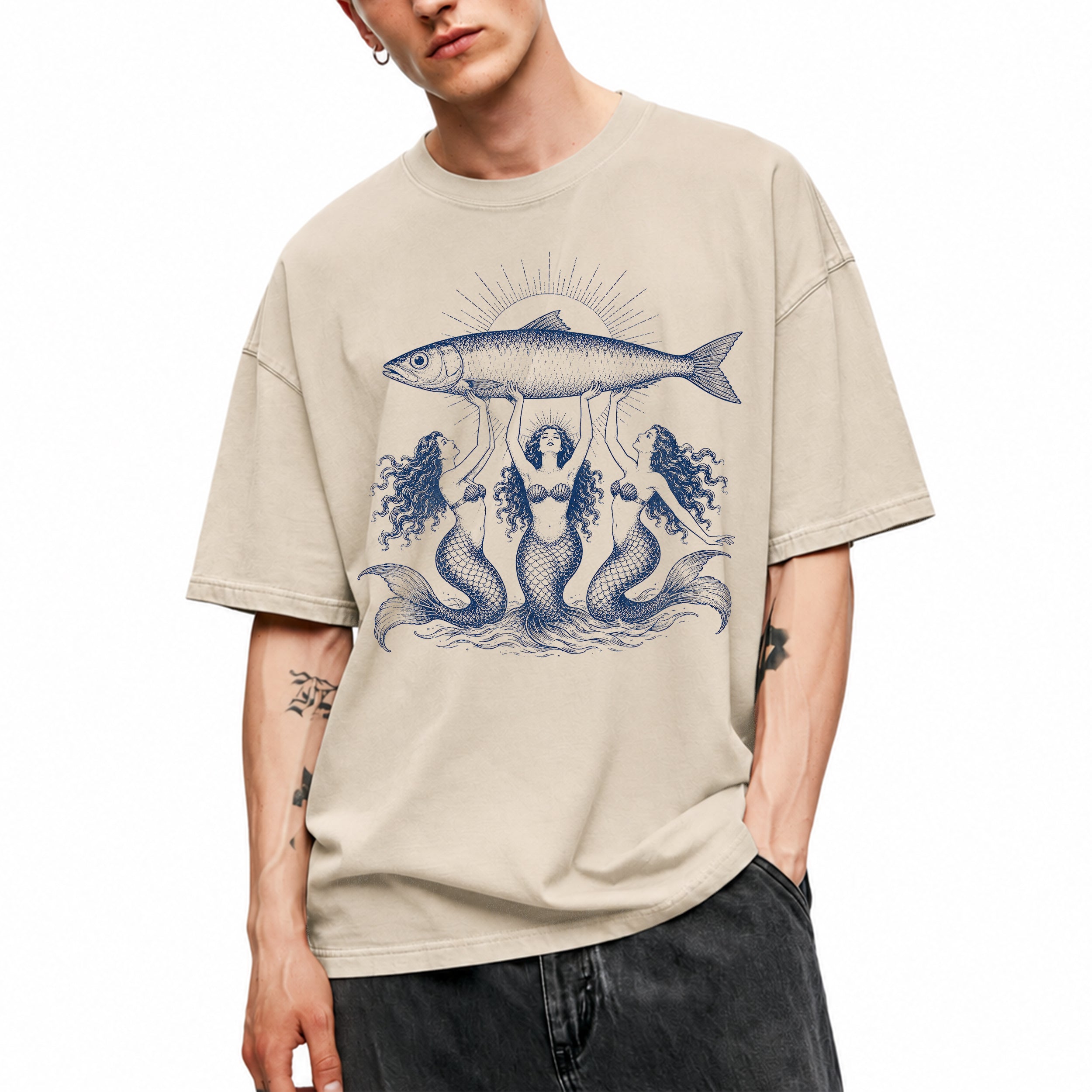 SF_COLOR=sand; SF_ITEM=adult-t-shirt; SF_ROLE=main; Three Mermaids Holding Fish T-Shirt Vintage Ocean Mythology Tee - Sand Adult T-Shirt product image