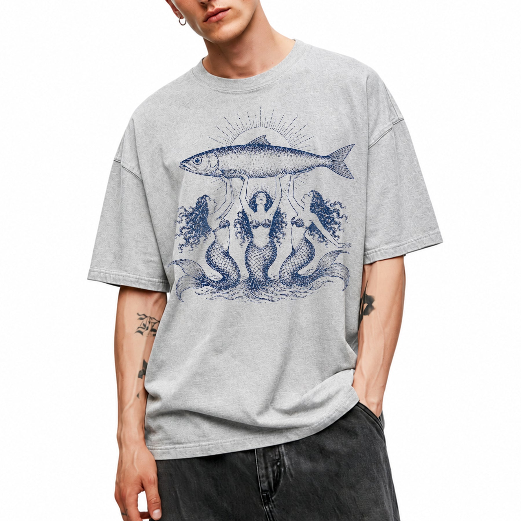 SF_COLOR=sport-grey; SF_ITEM=adult-t-shirt; SF_ROLE=main; Three Mermaids Holding Fish T-Shirt Vintage Ocean Mythology Tee - Sport Grey Adult T-Shirt product image