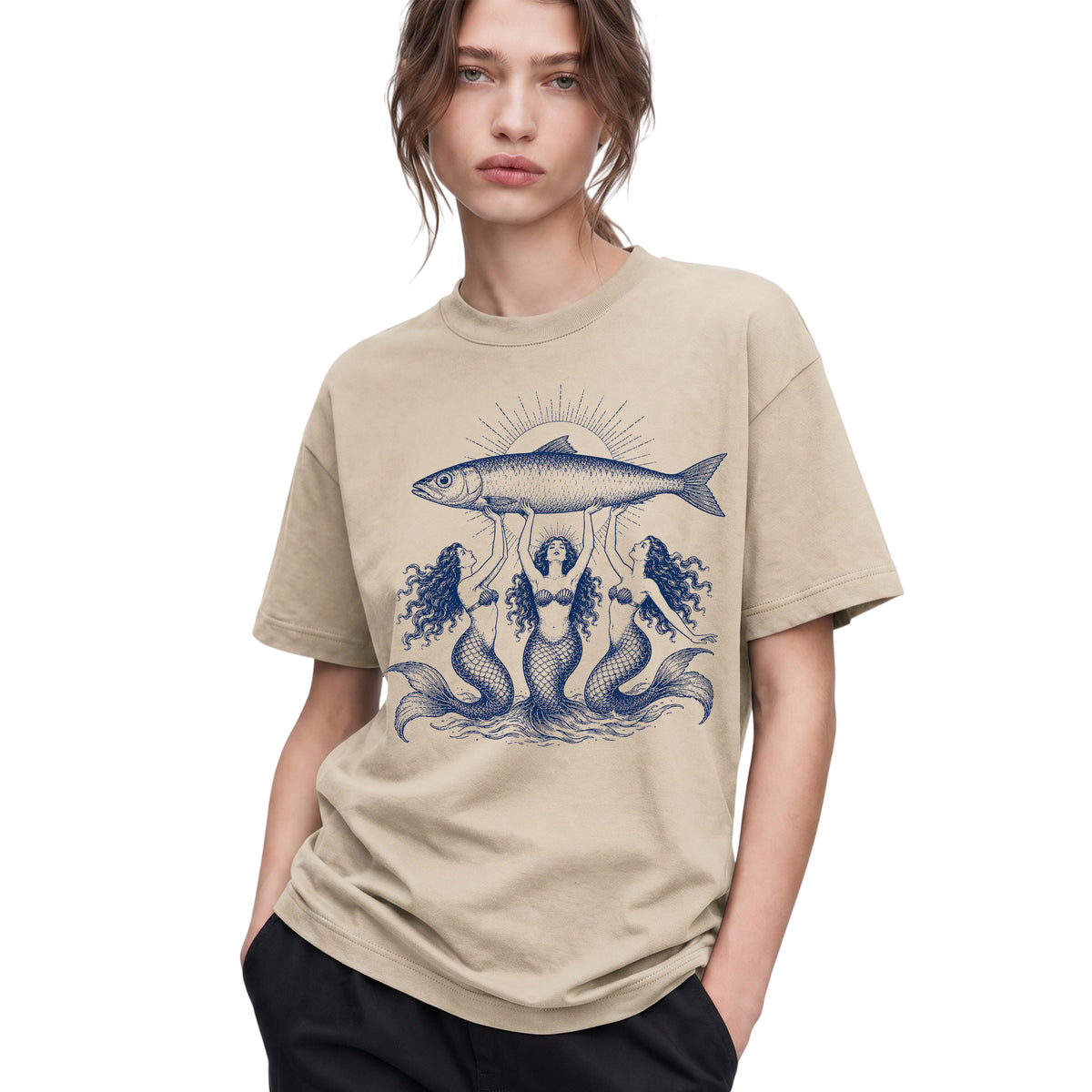 SF_COLOR=sand; SF_ITEM=adult-t-shirt; SF_ROLE=gallery; Three Mermaids Holding Fish T-Shirt Vintage Ocean Mythology Tee - Sand Adult T-Shirt product image