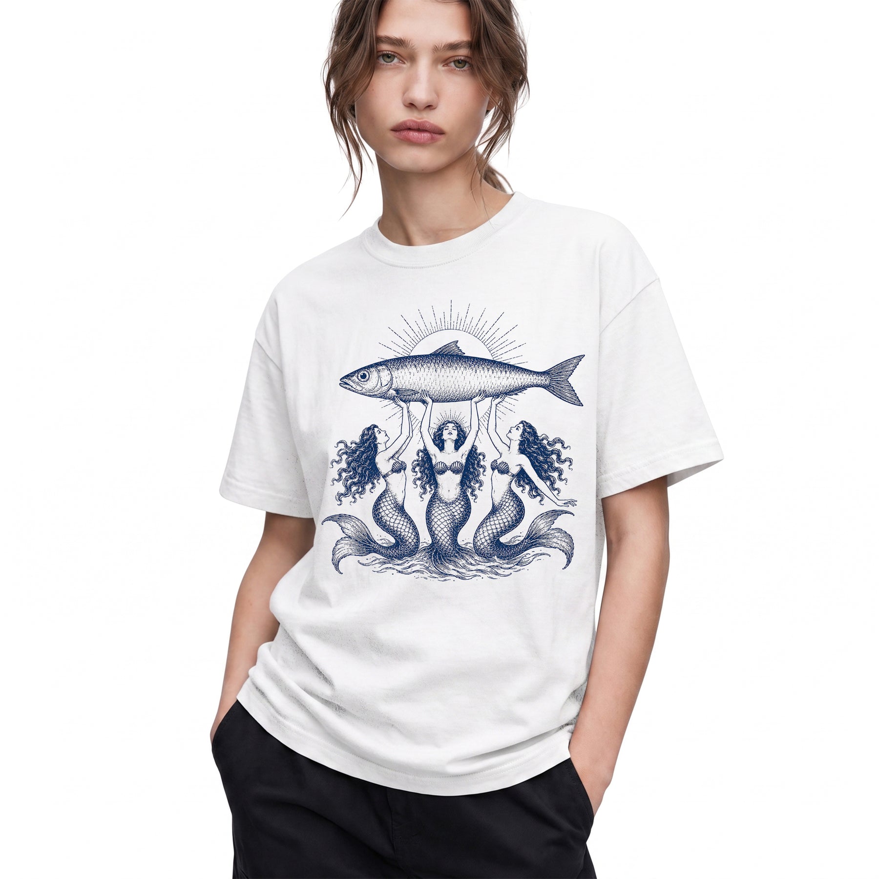 SF_COLOR=white; SF_ITEM=adult-t-shirt; SF_ROLE=gallery; Three Mermaids Holding Fish T-Shirt Vintage Ocean Mythology Tee - White Adult T-Shirt product image