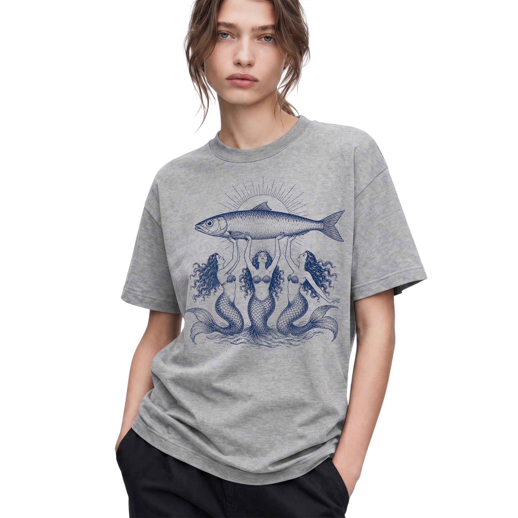 SF_COLOR=sport-grey; SF_ITEM=adult-t-shirt; SF_ROLE=gallery; Three Mermaids Holding Fish T-Shirt Vintage Ocean Mythology Tee - Sport Grey Adult T-Shirt product image