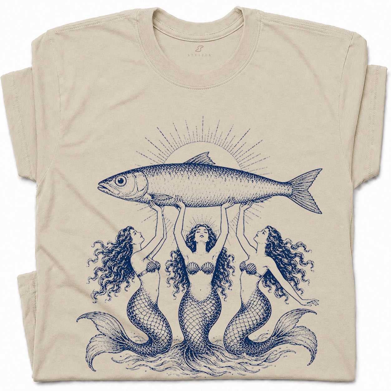 SF_COLOR=sand; SF_ITEM=adult-t-shirt; SF_ROLE=gallery; Three Mermaids Holding Fish T-Shirt Vintage Ocean Mythology Tee - Sand Adult T-Shirt product image
