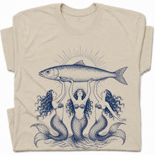 SF_COLOR=sand; SF_ITEM=adult-t-shirt; SF_ROLE=gallery; Three Mermaids Holding Fish T-Shirt Vintage Ocean Mythology Tee - Sand Adult T-Shirt product image