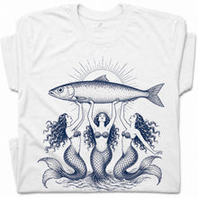 SF_COLOR=white; SF_ITEM=adult-t-shirt; SF_ROLE=gallery; Three Mermaids Holding Fish T-Shirt Vintage Ocean Mythology Tee - White Adult T-Shirt product image