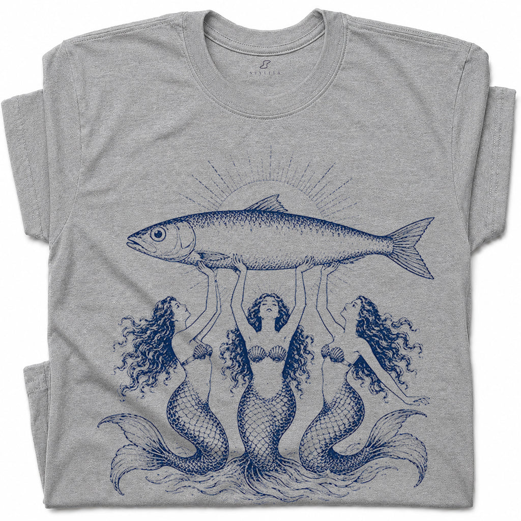 SF_COLOR=sport-grey; SF_ITEM=adult-t-shirt; SF_ROLE=gallery; Three Mermaids Holding Fish T-Shirt Vintage Ocean Mythology Tee - Sport Grey Adult T-Shirt product image