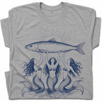 SF_COLOR=sport-grey; SF_ITEM=adult-t-shirt; SF_ROLE=gallery; Three Mermaids Holding Fish T-Shirt Vintage Ocean Mythology Tee - Sport Grey Adult T-Shirt product image