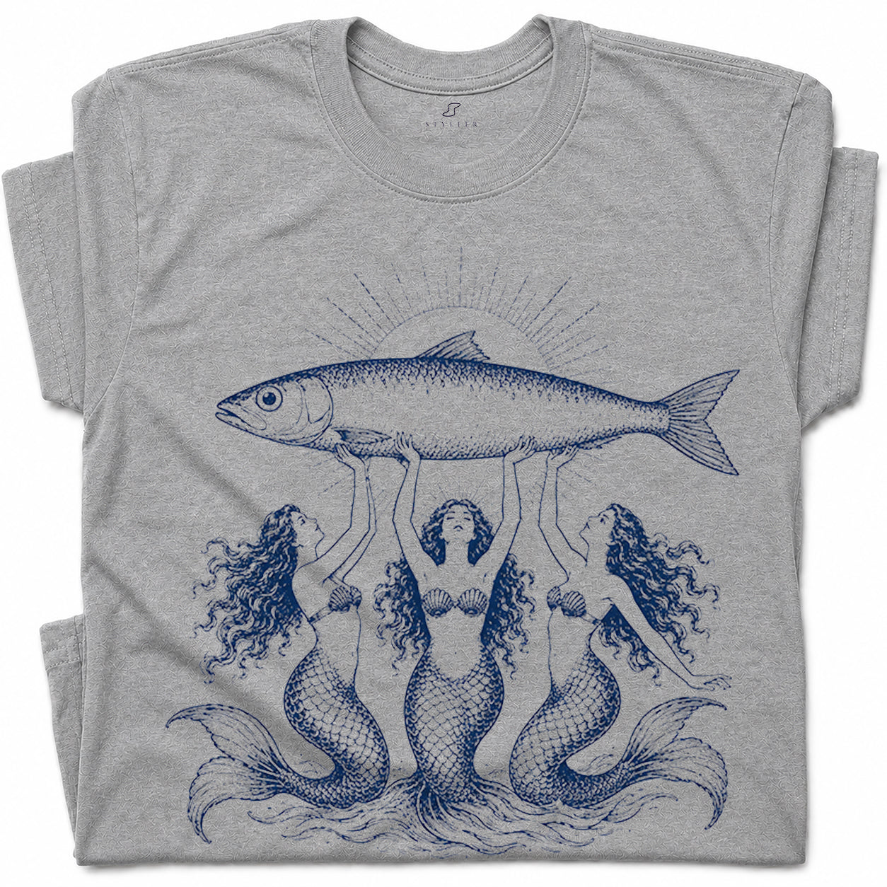 SF_COLOR=sport-grey; SF_ITEM=adult-t-shirt; SF_ROLE=gallery; Three Mermaids Holding Fish T-Shirt Vintage Ocean Mythology Tee - Sport Grey Adult T-Shirt product image