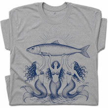 SF_COLOR=sport-grey; SF_ITEM=adult-t-shirt; SF_ROLE=gallery; Three Mermaids Holding Fish T-Shirt Vintage Ocean Mythology Tee - Sport Grey Adult T-Shirt product image