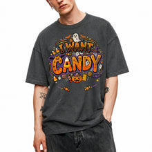 SF_COLOR=dark-heather; SF_ITEM=adult-t-shirt; SF_ROLE=main; Trick Or Treat Halloween T-Shirt I Want Candy Ghost Spooky Fall Holiday Graphic - Dark Heather Adult T-Shirt product image