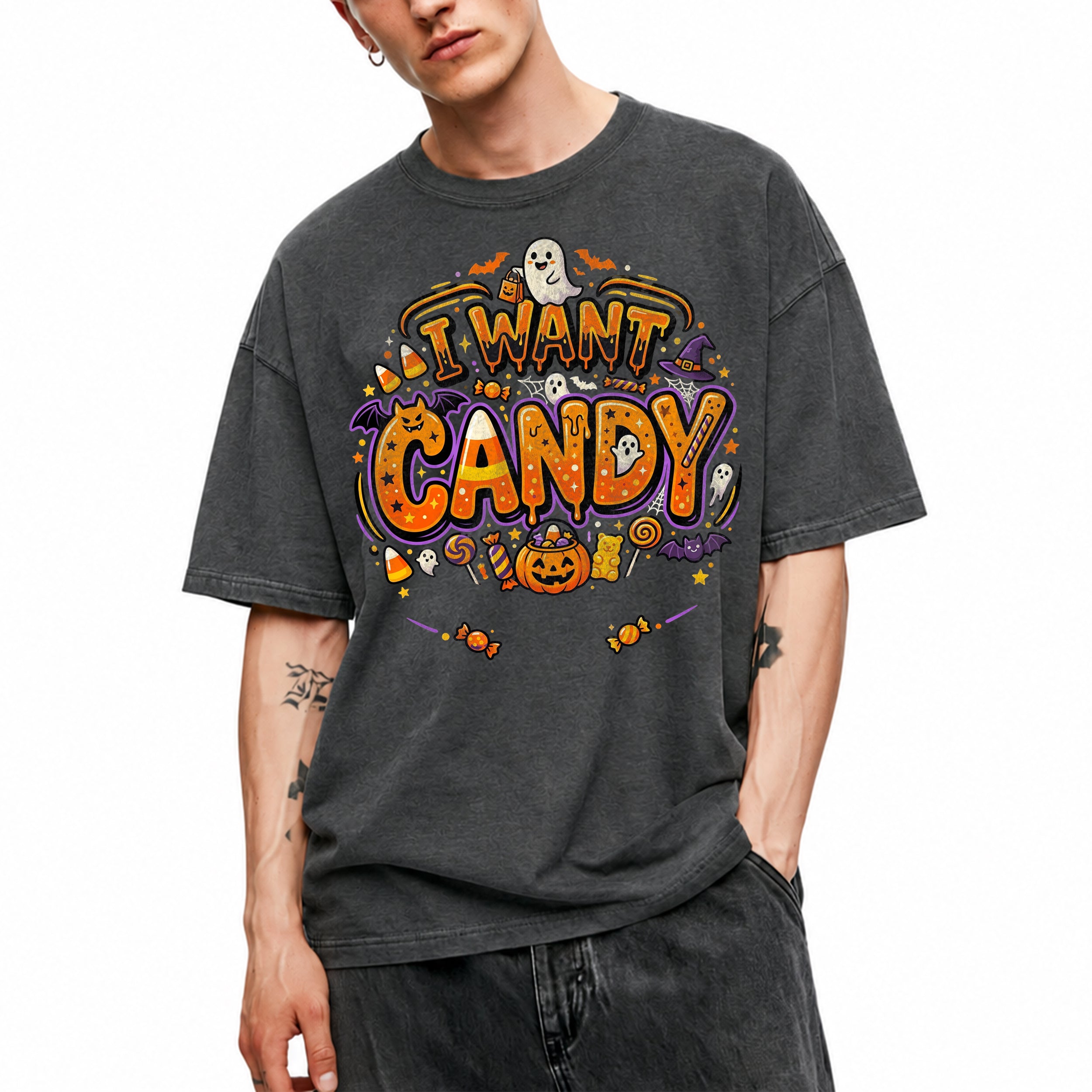 SF_COLOR=dark-heather; SF_ITEM=adult-t-shirt; SF_ROLE=main; Trick Or Treat Halloween T-Shirt I Want Candy Ghost Spooky Fall Holiday Graphic - Dark Heather Adult T-Shirt product image