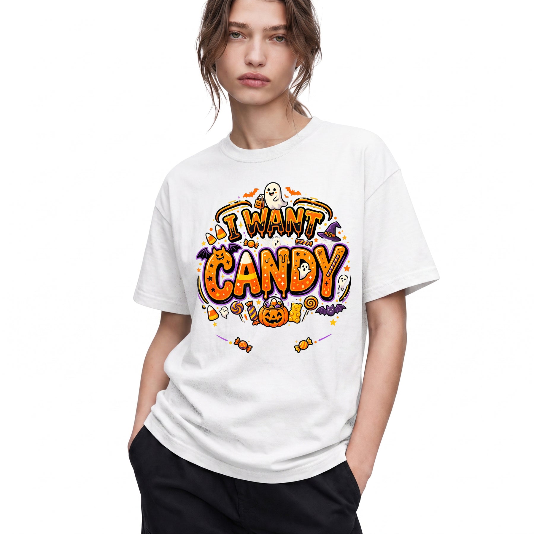 SF_COLOR=white; SF_ITEM=adult-t-shirt; SF_ROLE=gallery; Trick Or Treat Halloween T-Shirt I Want Candy Ghost Spooky Fall Holiday Graphic - White Adult T-Shirt product image