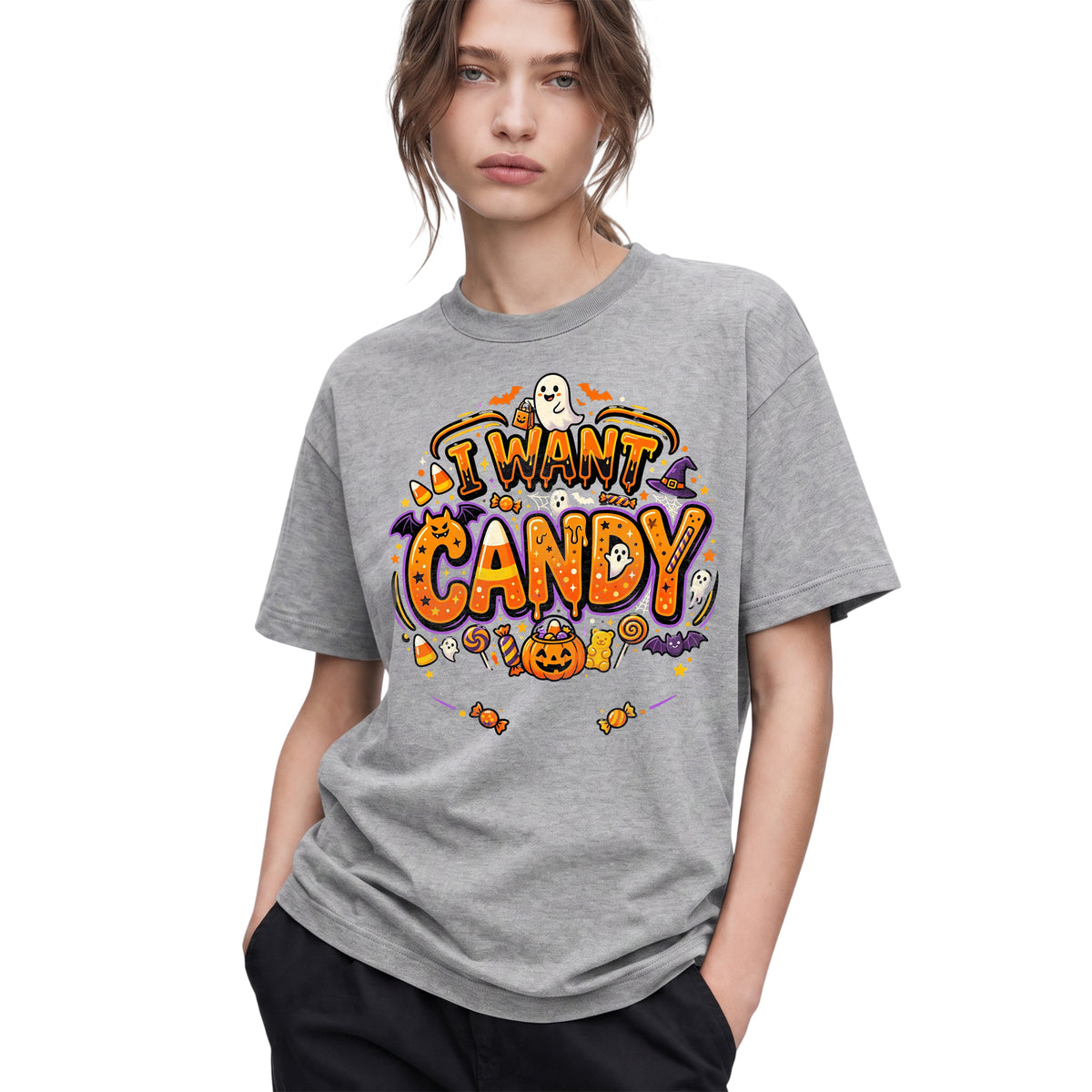 SF_COLOR=sport-grey; SF_ITEM=adult-t-shirt; SF_ROLE=gallery; Trick Or Treat Halloween T-Shirt I Want Candy Ghost Spooky Fall Holiday Graphic - Sport Grey Adult T-Shirt product image