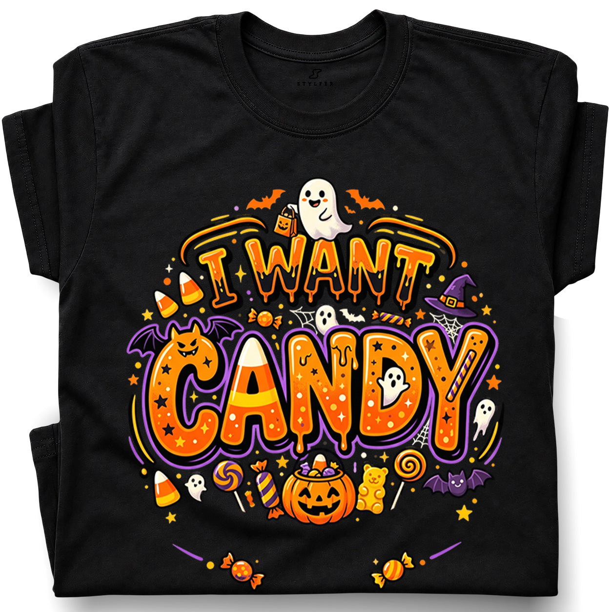 SF_COLOR=black; SF_ITEM=adult-t-shirt; SF_ROLE=gallery; Trick Or Treat Halloween T-Shirt I Want Candy Ghost Spooky Fall Holiday Graphic - Black Adult T-Shirt product image