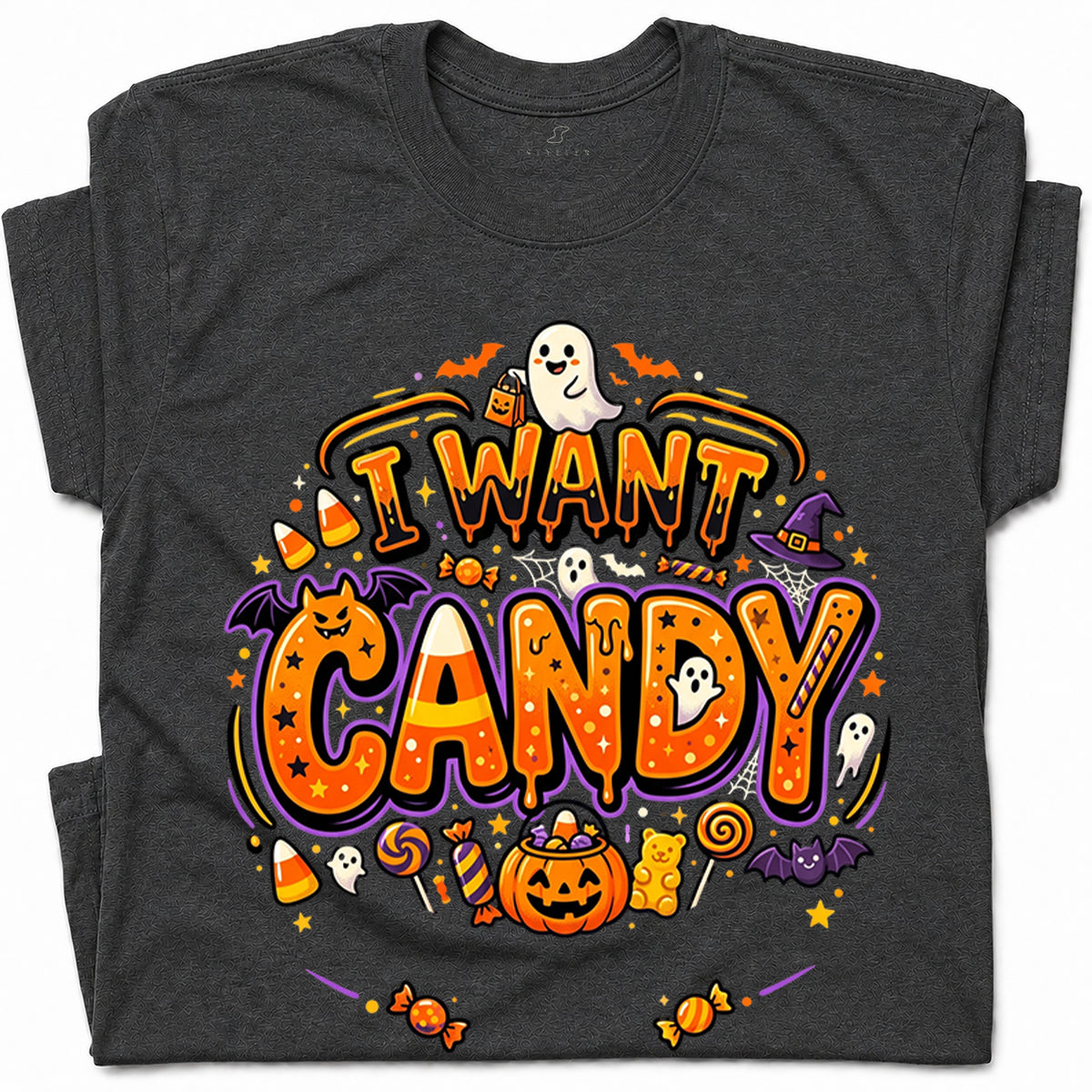 SF_COLOR=dark-heather; SF_ITEM=adult-t-shirt; SF_ROLE=gallery; Trick Or Treat Halloween T-Shirt I Want Candy Ghost Spooky Fall Holiday Graphic - Dark Heather Adult T-Shirt product image