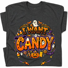 SF_COLOR=dark-heather; SF_ITEM=adult-t-shirt; SF_ROLE=gallery; Trick Or Treat Halloween T-Shirt I Want Candy Ghost Spooky Fall Holiday Graphic - Dark Heather Adult T-Shirt product image