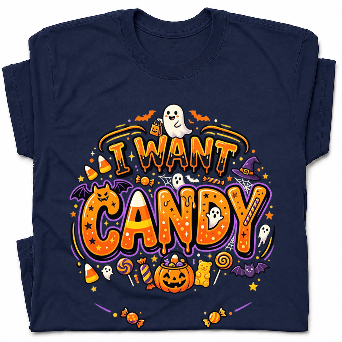 SF_COLOR=navy; SF_ITEM=adult-t-shirt; SF_ROLE=gallery; Trick Or Treat Halloween T-Shirt I Want Candy Ghost Spooky Fall Holiday Graphic - Navy Adult T-Shirt product image