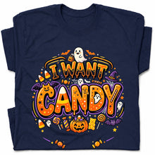 SF_COLOR=navy; SF_ITEM=adult-t-shirt; SF_ROLE=gallery; Trick Or Treat Halloween T-Shirt I Want Candy Ghost Spooky Fall Holiday Graphic - Navy Adult T-Shirt product image