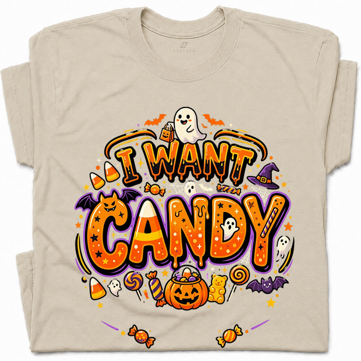 SF_COLOR=sand; SF_ITEM=adult-t-shirt; SF_ROLE=gallery; Trick Or Treat Halloween T-Shirt I Want Candy Ghost Spooky Fall Holiday Graphic - Sand Adult T-Shirt product image