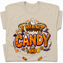 SF_COLOR=sand; SF_ITEM=adult-t-shirt; SF_ROLE=gallery; Trick Or Treat Halloween T-Shirt I Want Candy Ghost Spooky Fall Holiday Graphic - Sand Adult T-Shirt product image