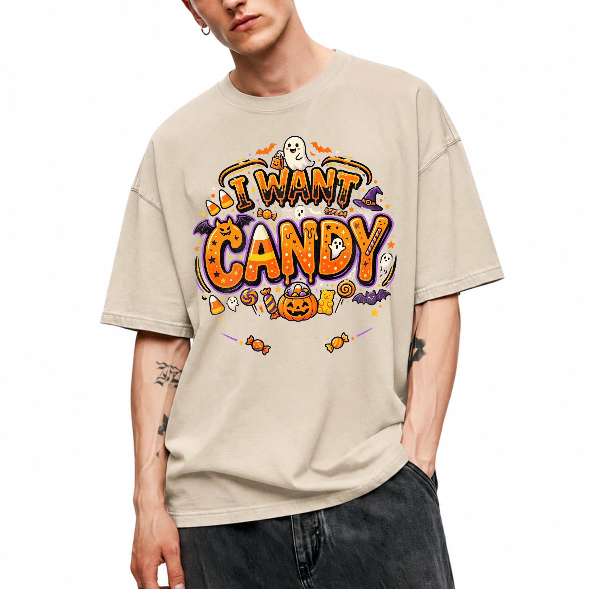 SF_COLOR=sand; SF_ITEM=adult-t-shirt; SF_ROLE=main; Trick Or Treat Halloween T-Shirt I Want Candy Ghost Spooky Fall Holiday Graphic - Sand Adult T-Shirt product image