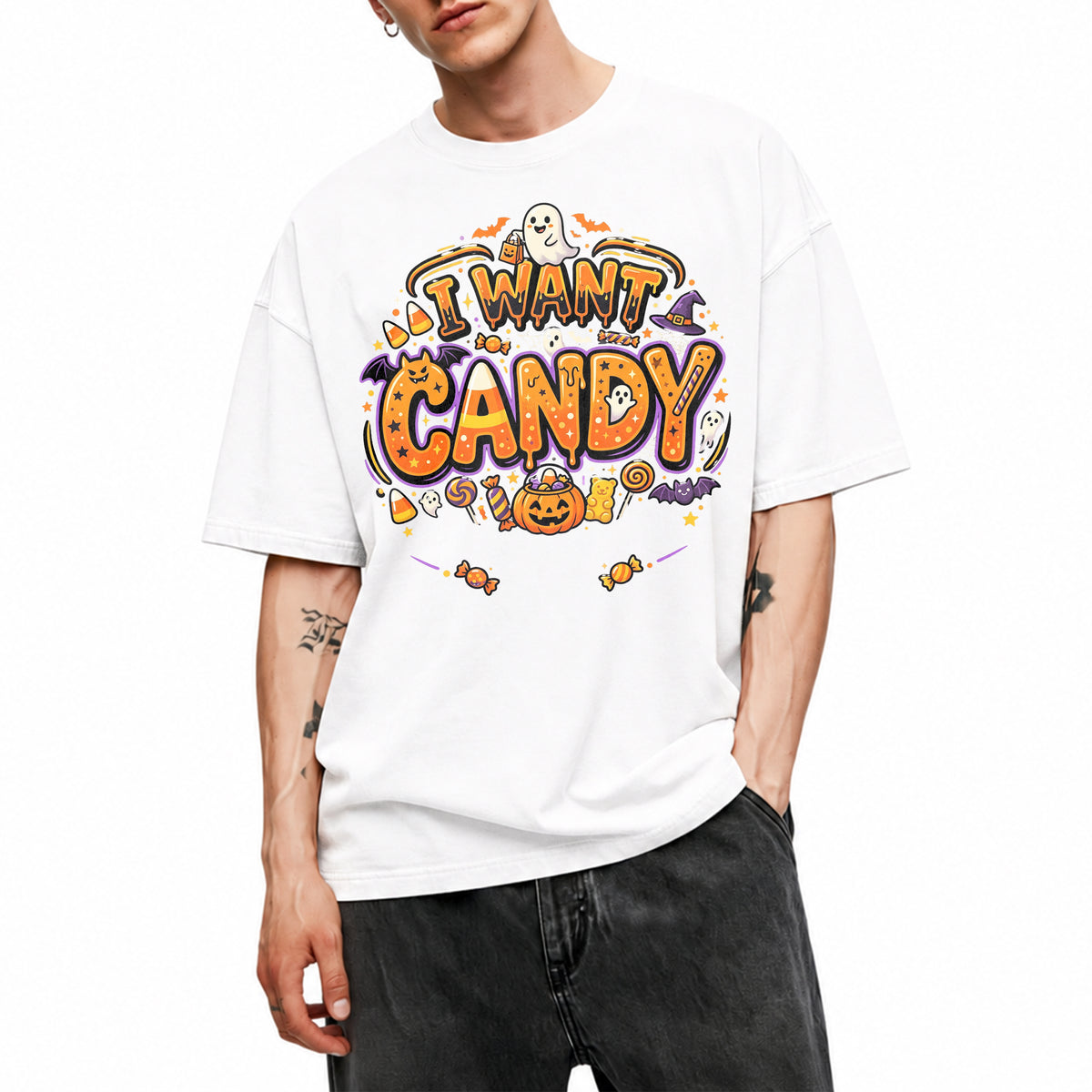 SF_COLOR=white; SF_ITEM=adult-t-shirt; SF_ROLE=main; Trick Or Treat Halloween T-Shirt I Want Candy Ghost Spooky Fall Holiday Graphic - White Adult T-Shirt product image