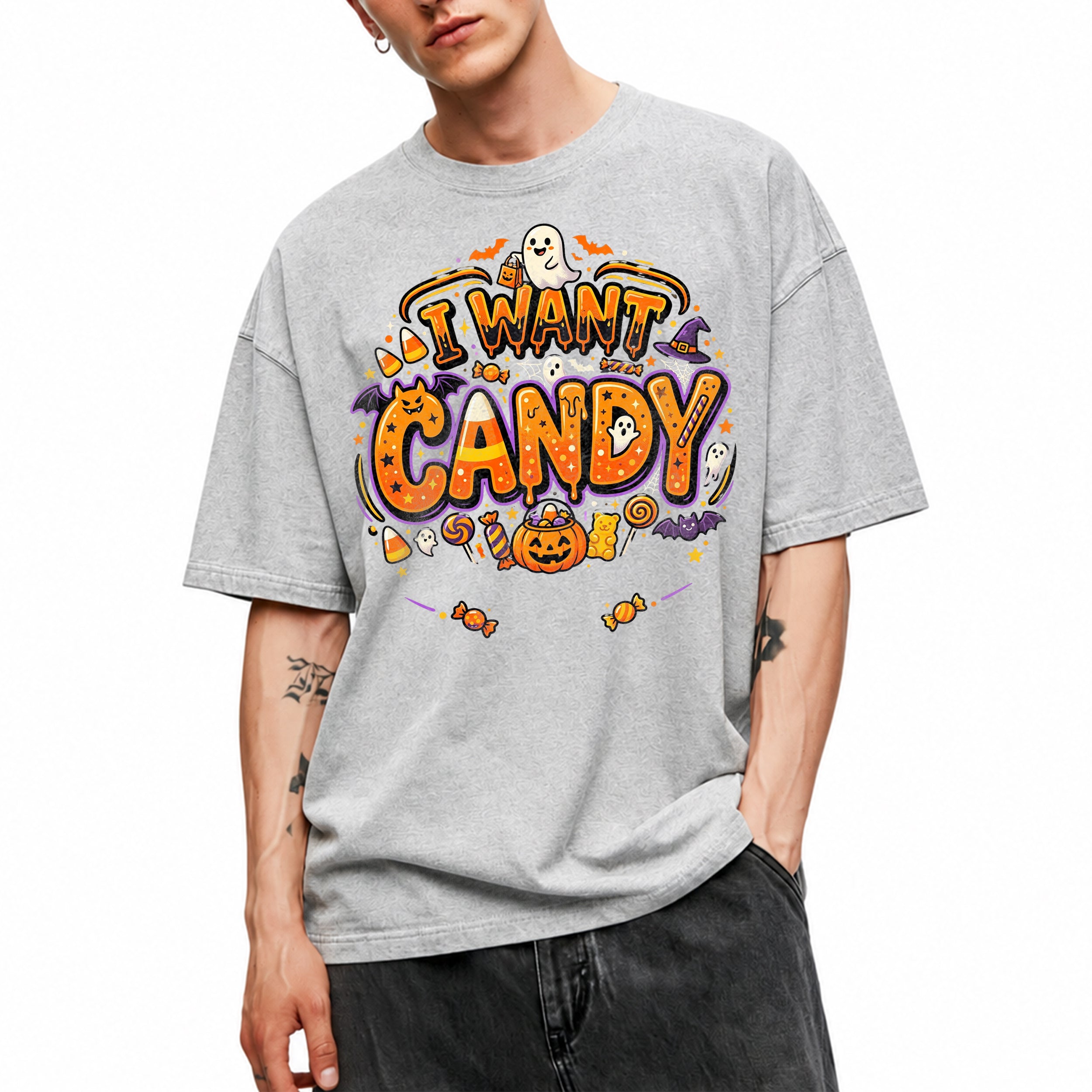 SF_COLOR=sport-grey; SF_ITEM=adult-t-shirt; SF_ROLE=main; Trick Or Treat Halloween T-Shirt I Want Candy Ghost Spooky Fall Holiday Graphic - Sport Grey Adult T-Shirt product image