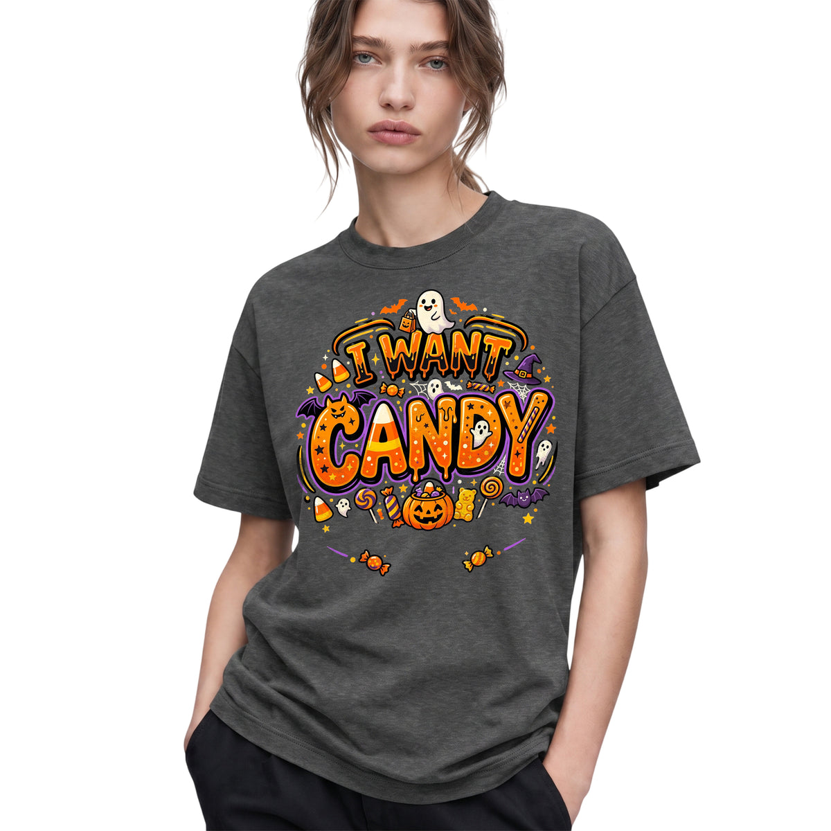 SF_COLOR=dark-heather; SF_ITEM=adult-t-shirt; SF_ROLE=gallery; Trick Or Treat Halloween T-Shirt I Want Candy Ghost Spooky Fall Holiday Graphic - Dark Heather Adult T-Shirt product image