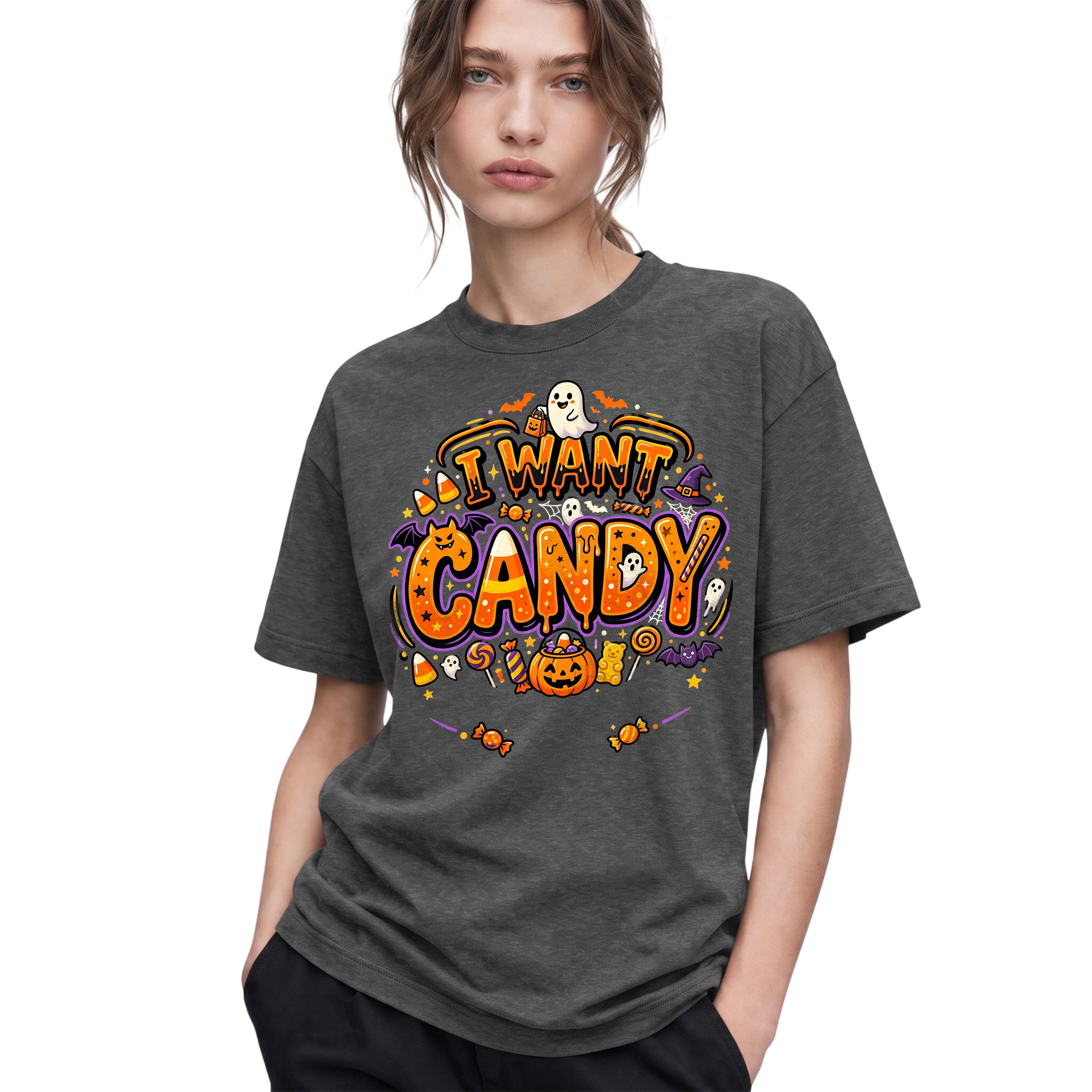 SF_COLOR=dark-heather; SF_ITEM=adult-t-shirt; SF_ROLE=gallery; Trick Or Treat Halloween T-Shirt I Want Candy Ghost Spooky Fall Holiday Graphic - Dark Heather Adult T-Shirt product image