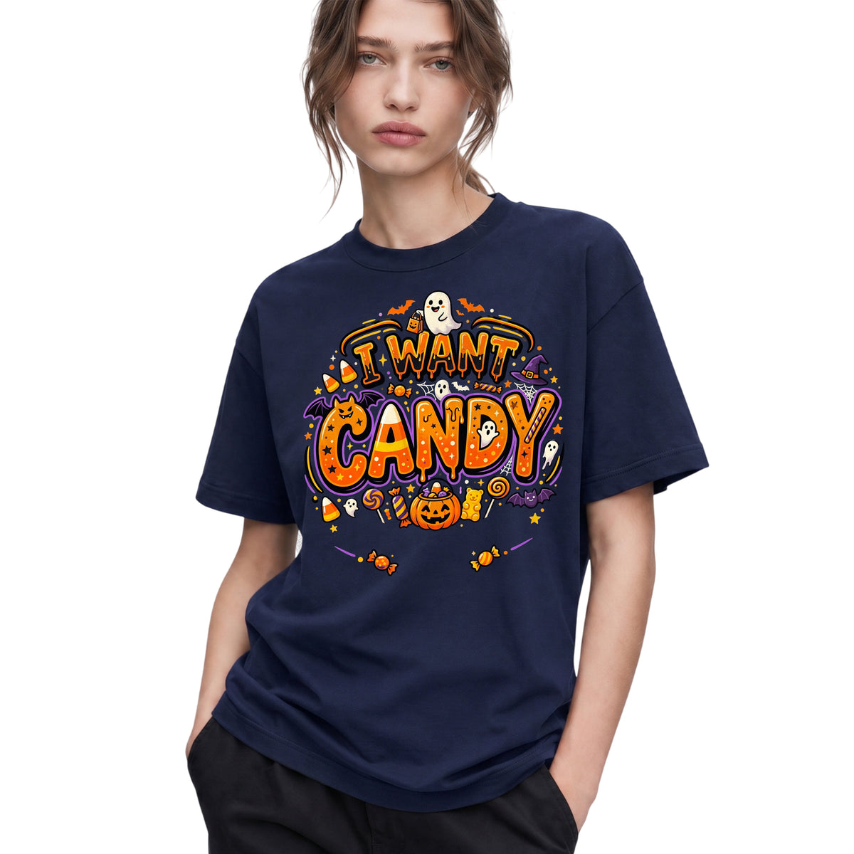 SF_COLOR=navy; SF_ITEM=adult-t-shirt; SF_ROLE=gallery; Trick Or Treat Halloween T-Shirt I Want Candy Ghost Spooky Fall Holiday Graphic - Navy Adult T-Shirt product image