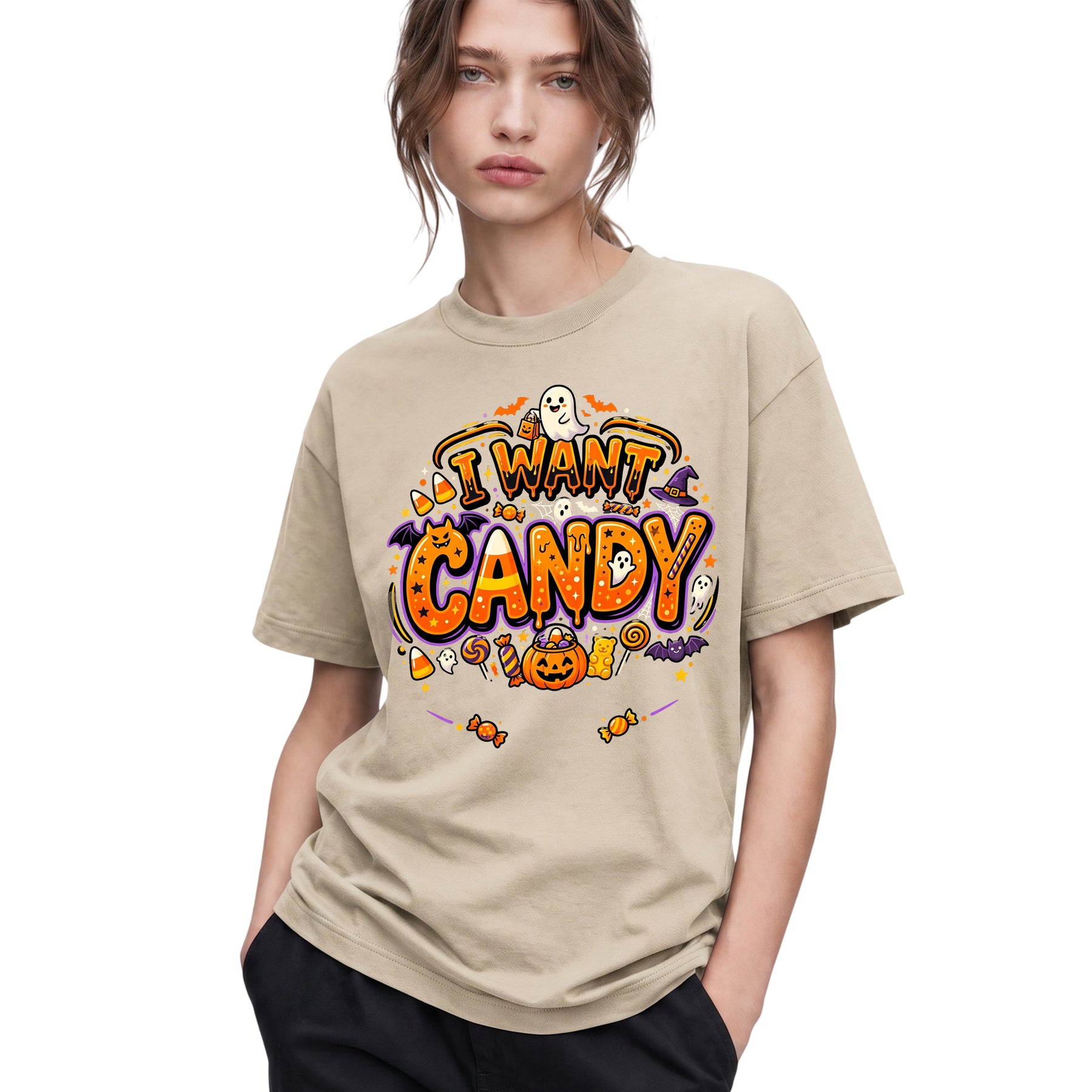 SF_COLOR=sand; SF_ITEM=adult-t-shirt; SF_ROLE=gallery; Trick Or Treat Halloween T-Shirt I Want Candy Ghost Spooky Fall Holiday Graphic - Sand Adult T-Shirt product image