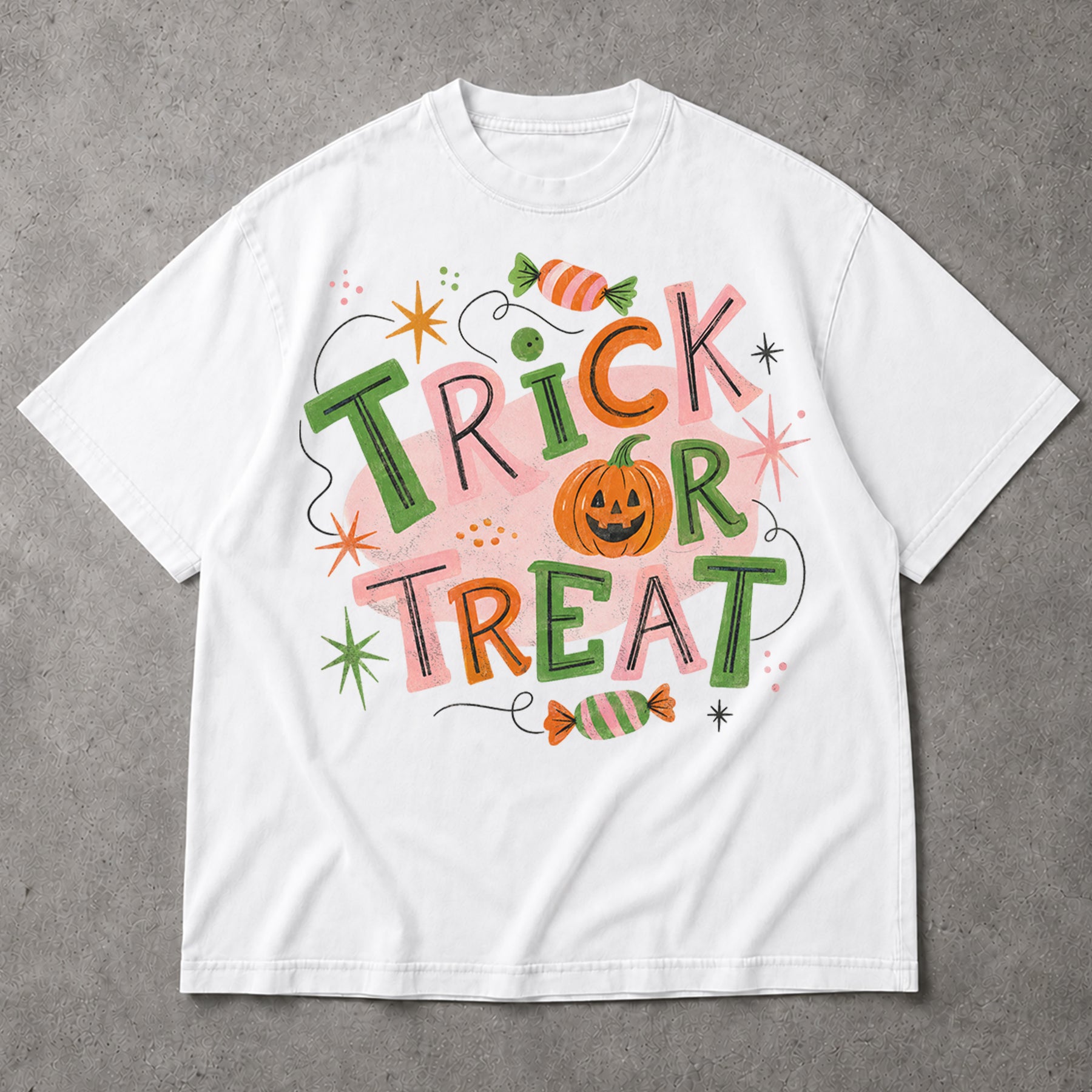 SF_COLOR=white; SF_ITEM=adult-t-shirt; SF_ROLE=main; Trick Or Treat Candy Pumpkin T-Shirt Cute Pastel Retro Halloween Tee - White Adult T-Shirt product image