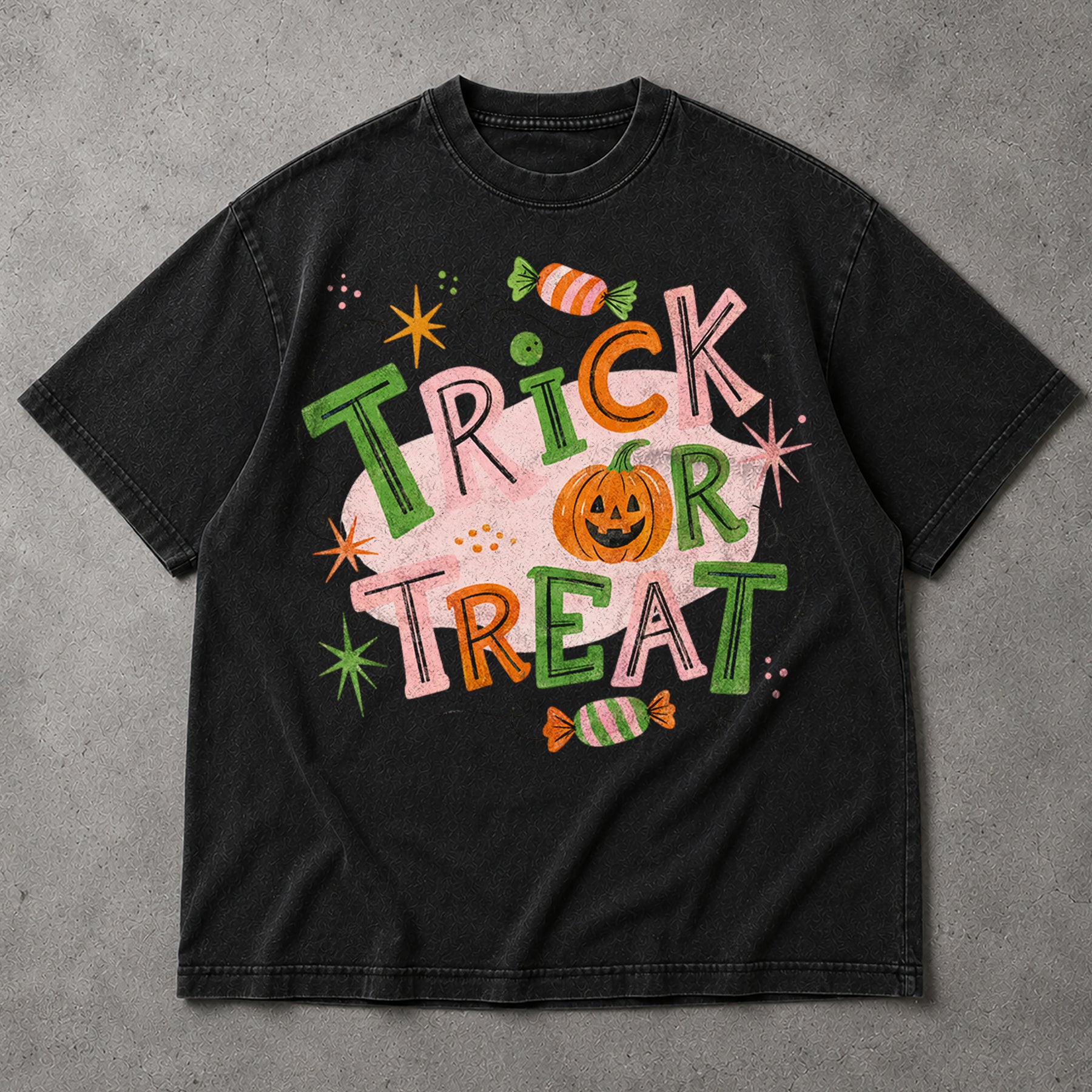 SF_COLOR=black; SF_ITEM=adult-t-shirt; SF_ROLE=main; Trick Or Treat Candy Pumpkin T-Shirt Cute Pastel Retro Halloween Tee - Black Adult T-Shirt product image
