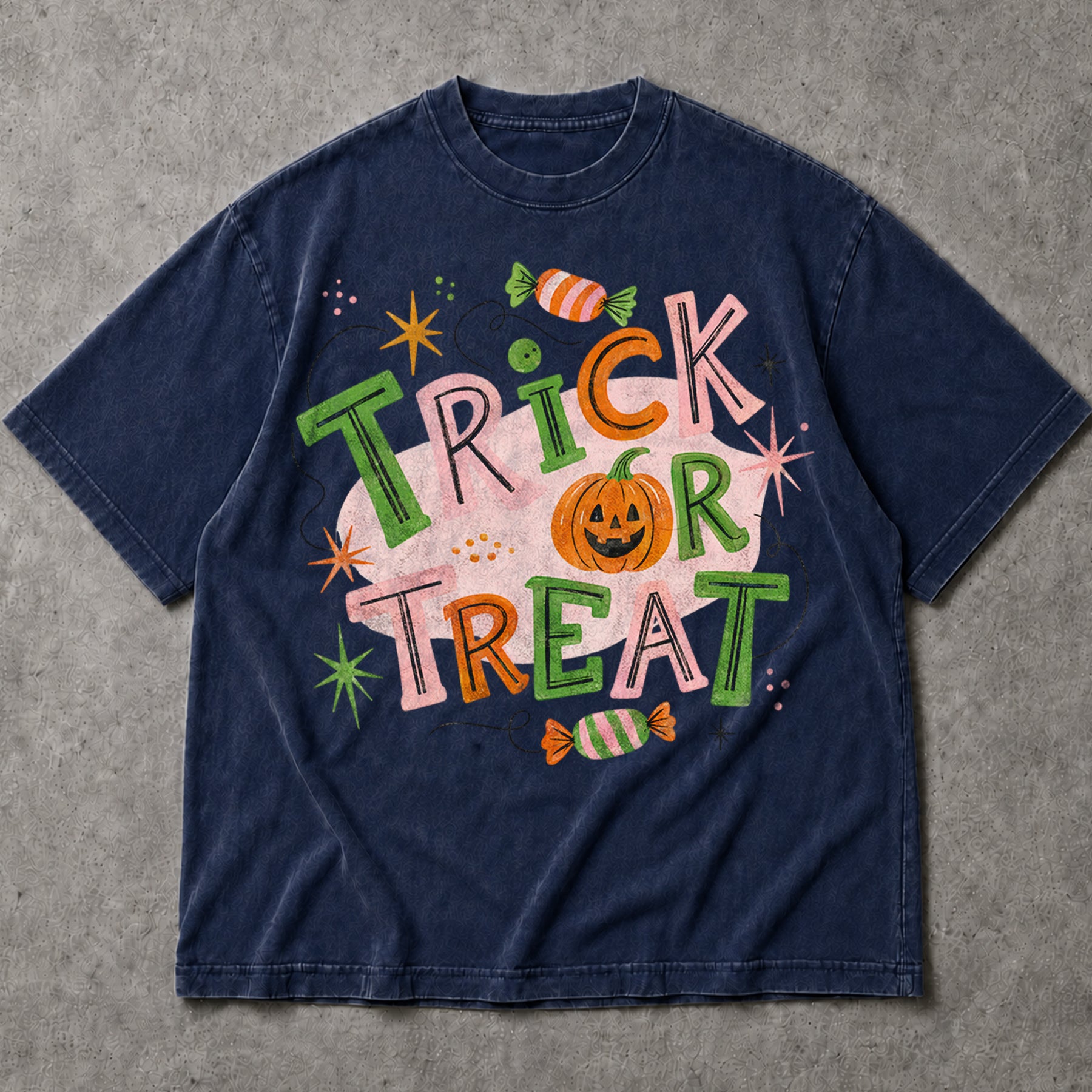 SF_COLOR=navy; SF_ITEM=adult-t-shirt; SF_ROLE=main; Trick Or Treat Candy Pumpkin T-Shirt Cute Pastel Retro Halloween Tee - Navy Adult T-Shirt product image