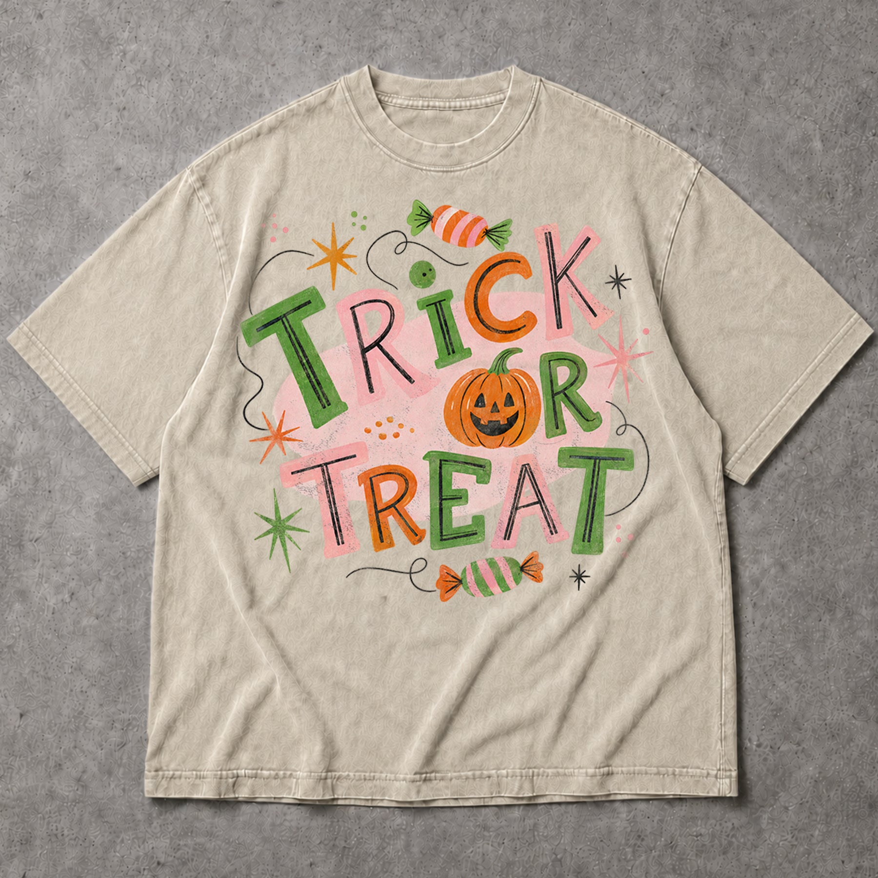 SF_COLOR=sand; SF_ITEM=adult-t-shirt; SF_ROLE=main; Trick Or Treat Candy Pumpkin T-Shirt Cute Pastel Retro Halloween Tee - Sand Adult T-Shirt product image