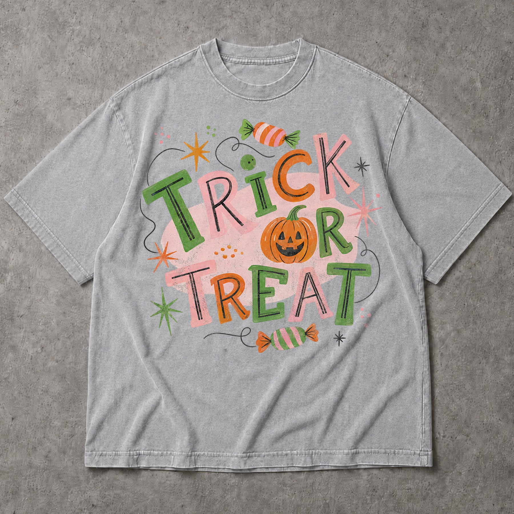 SF_COLOR=sport-grey; SF_ITEM=adult-t-shirt; SF_ROLE=main; Trick Or Treat Candy Pumpkin T-Shirt Cute Pastel Retro Halloween Tee - Sport Grey Adult T-Shirt product image