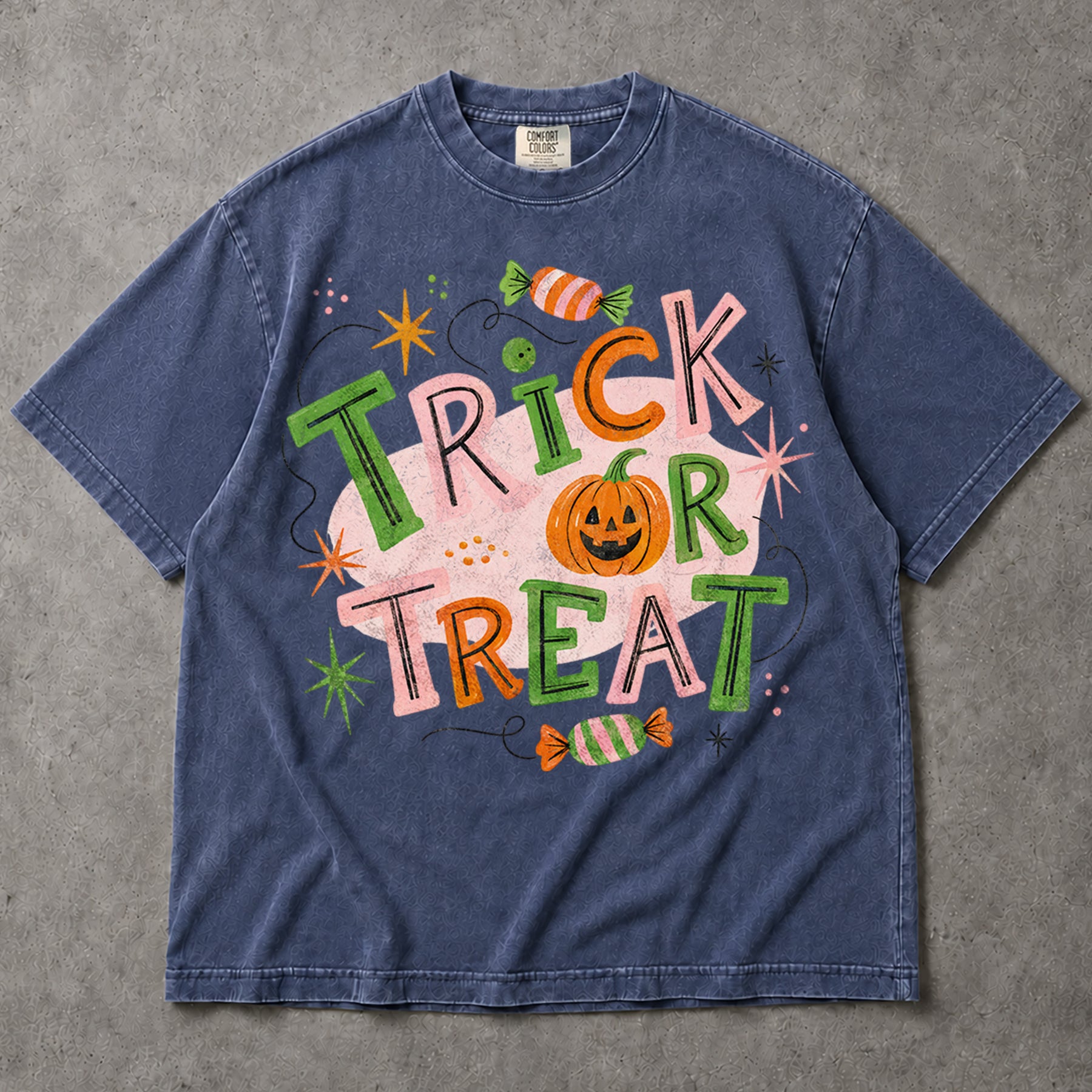 SF_COLOR=sport-grey|denim; SF_ITEM=adult-t-shirt; SF_ROLE=main; Trick Or Treat Candy Pumpkin T-Shirt Cute Pastel Retro Halloween Tee - Sport Grey, Denim Adult T-Shirt product image