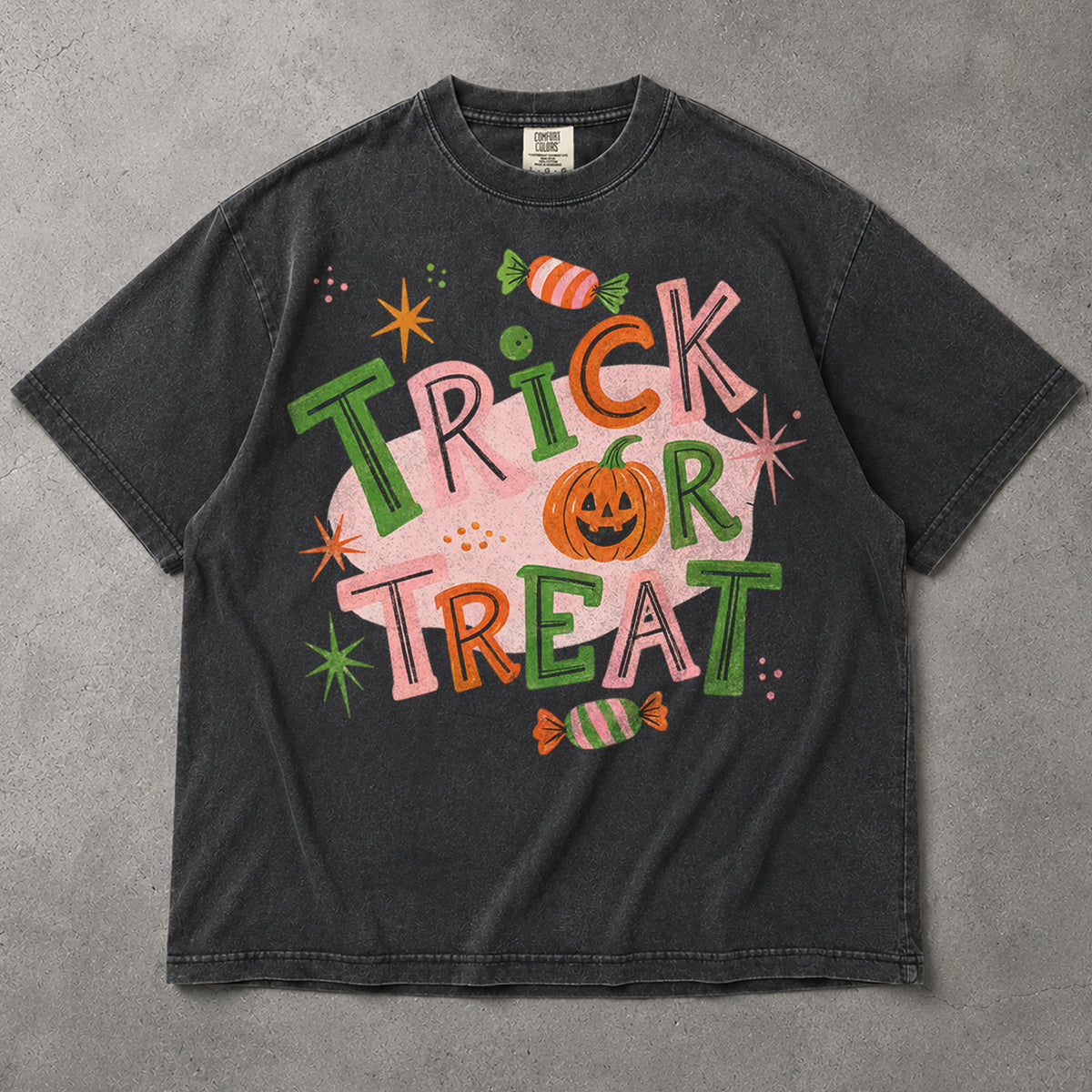 SF_COLOR=graphite; SF_ITEM=adult-t-shirt; SF_ROLE=main; Trick Or Treat Candy Pumpkin T-Shirt Cute Pastel Retro Halloween Tee - Graphite Adult T-Shirt product image