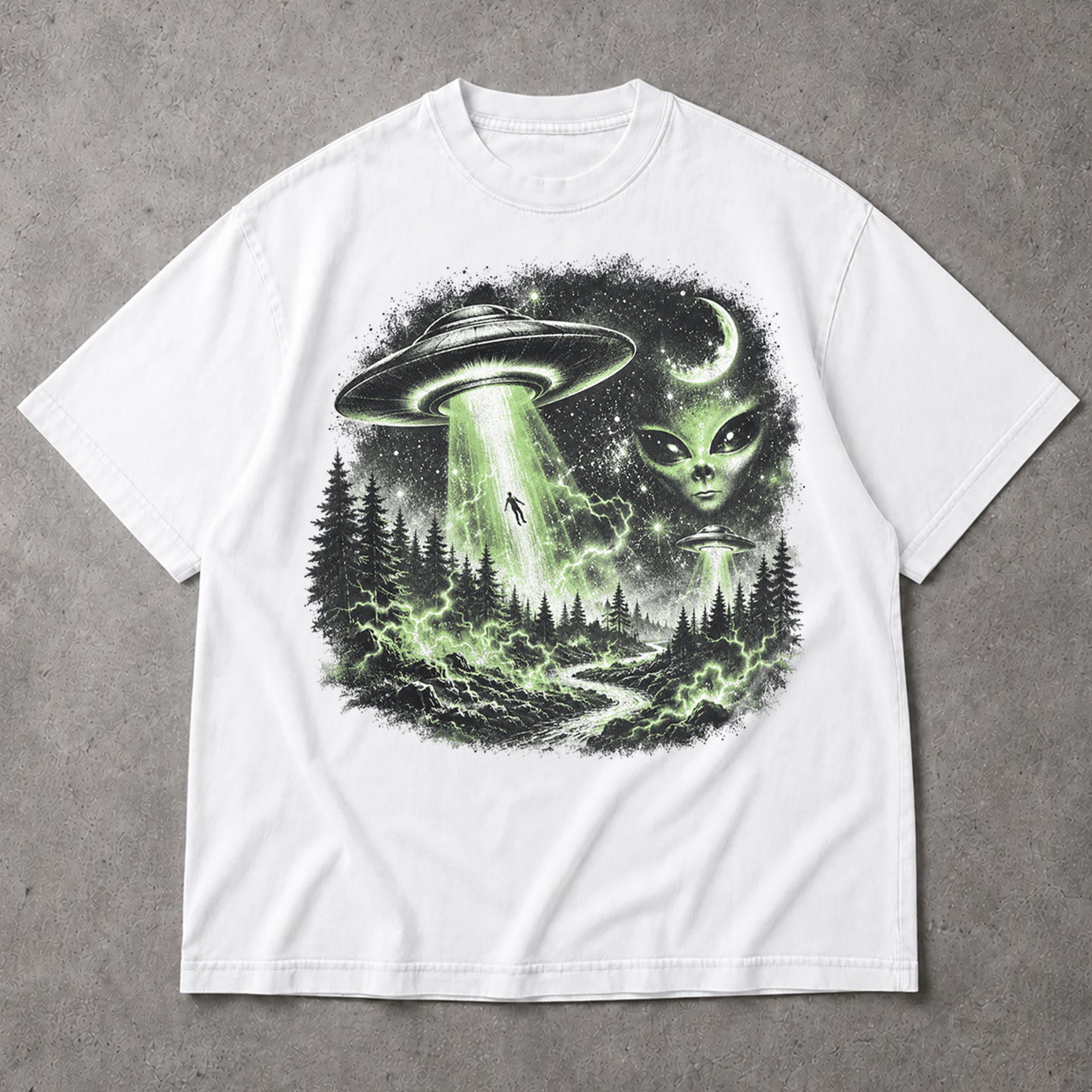 SF_COLOR=white; SF_ITEM=adult-t-shirt; SF_ROLE=main; UFO Alien Abduction T-Shirt Forest Tractor Beam Sci Fi Retro Space Horror - White Adult T-Shirt product image