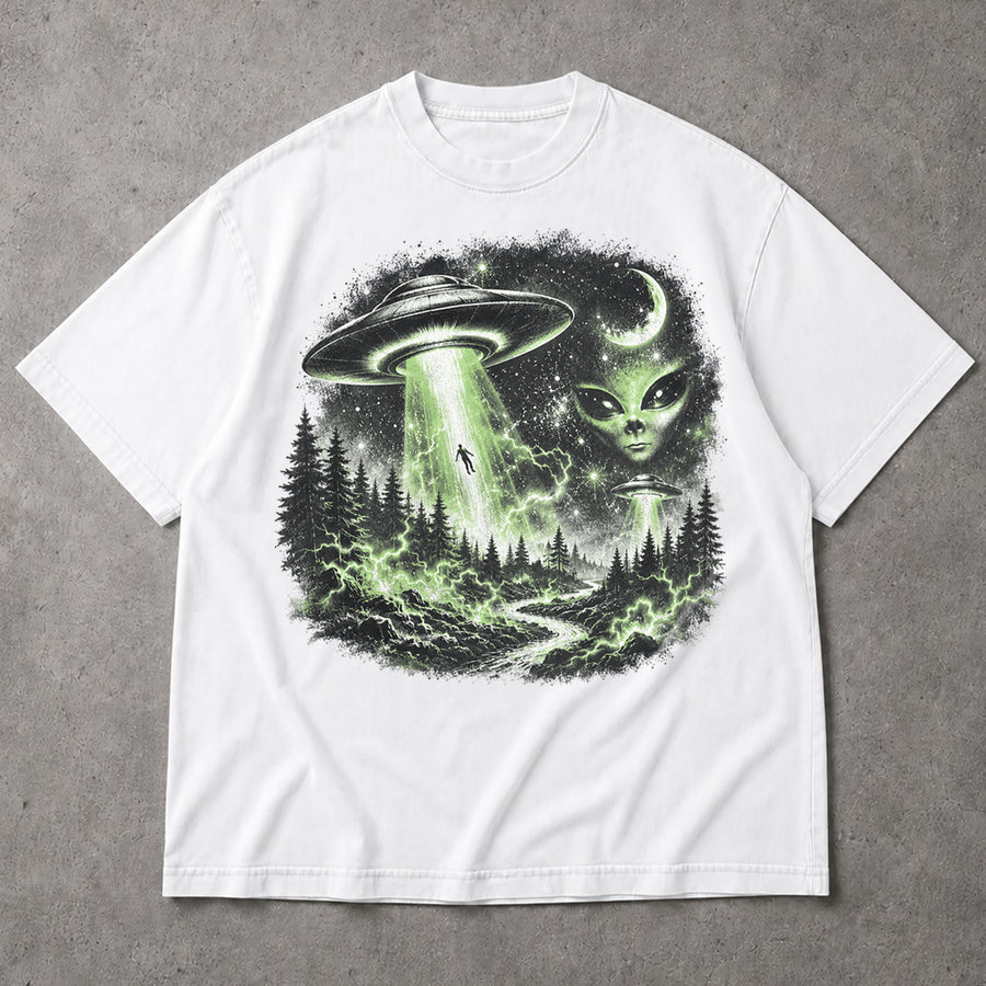 UFO Alien Abduction T-Shirt Forest Tractor Beam Sci Fi Retro Space Horror