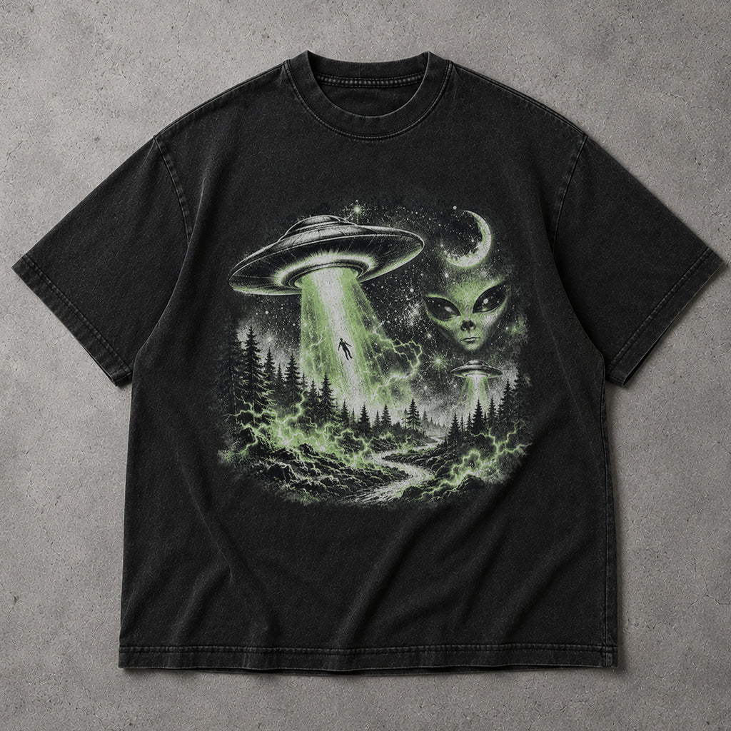 SF_COLOR=black; SF_ITEM=adult-t-shirt; SF_ROLE=main; UFO Alien Abduction T-Shirt Forest Tractor Beam Sci Fi Retro Space Horror - Black Adult T-Shirt product image
