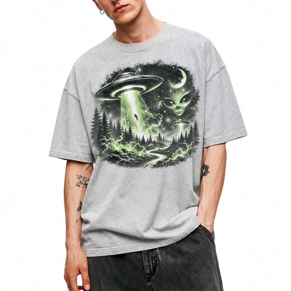 SF_COLOR=sport-grey; SF_ITEM=adult-t-shirt; SF_ROLE=gallery; UFO Alien Abduction T-Shirt Forest Tractor Beam Sci Fi Retro Space Horror - Sport Grey Adult T-Shirt product image