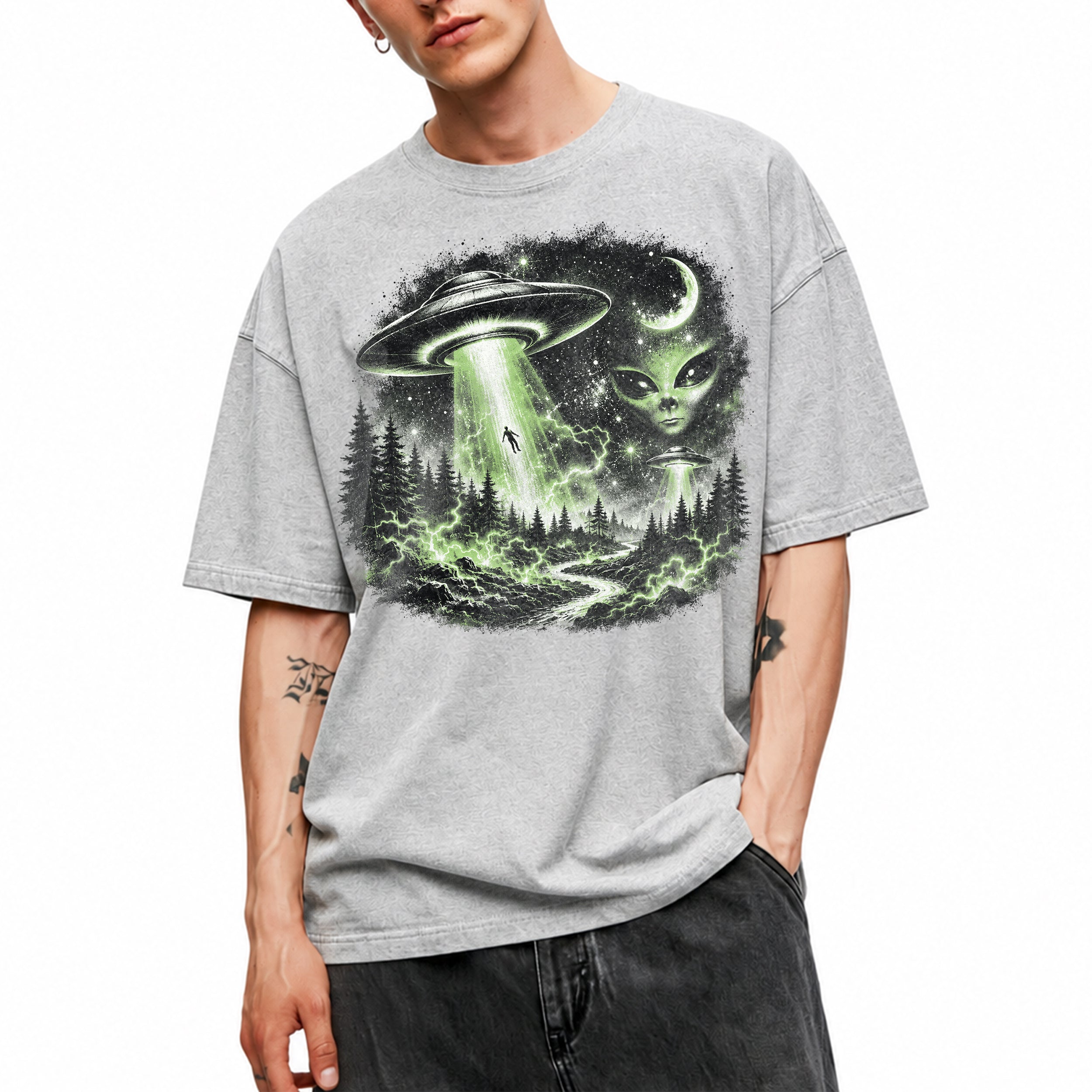 SF_COLOR=sport-grey; SF_ITEM=adult-t-shirt; SF_ROLE=gallery; UFO Alien Abduction T-Shirt Forest Tractor Beam Sci Fi Retro Space Horror - Sport Grey Adult T-Shirt product image